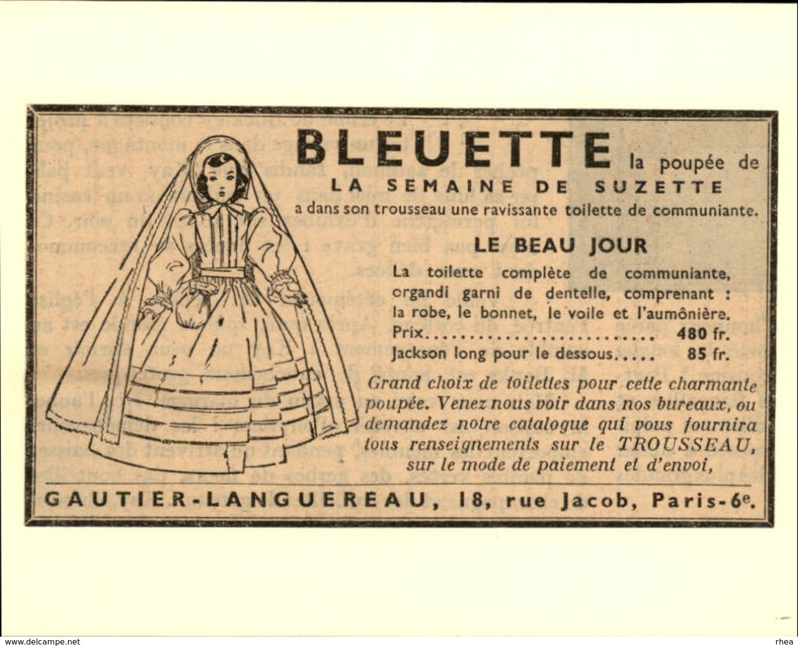 POUPEES - Publicité Issue D'une Revue De 1951 Et Collée Sur Carton - BLEUETTE - Publicités