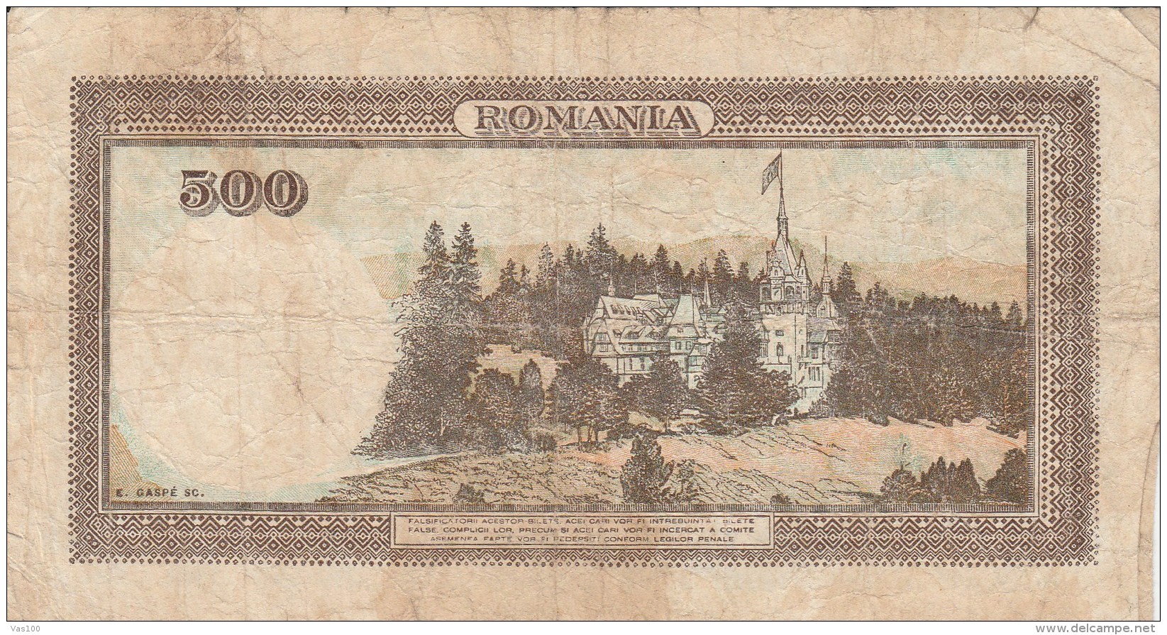500 LEI, 1941, PAPER BANKNOTE,ROMANIA. - Rumania