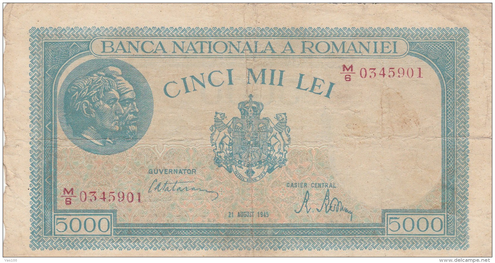 5000 LEI, COAT OF ARMS, 1945, PAPER BANKNOTE,ROMANIA. - Rumänien