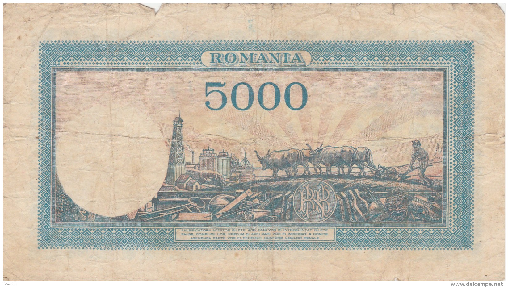 5000 LEI, COAT OF ARMS, 1945, PAPER BANKNOTE,ROMANIA. - Roemenië