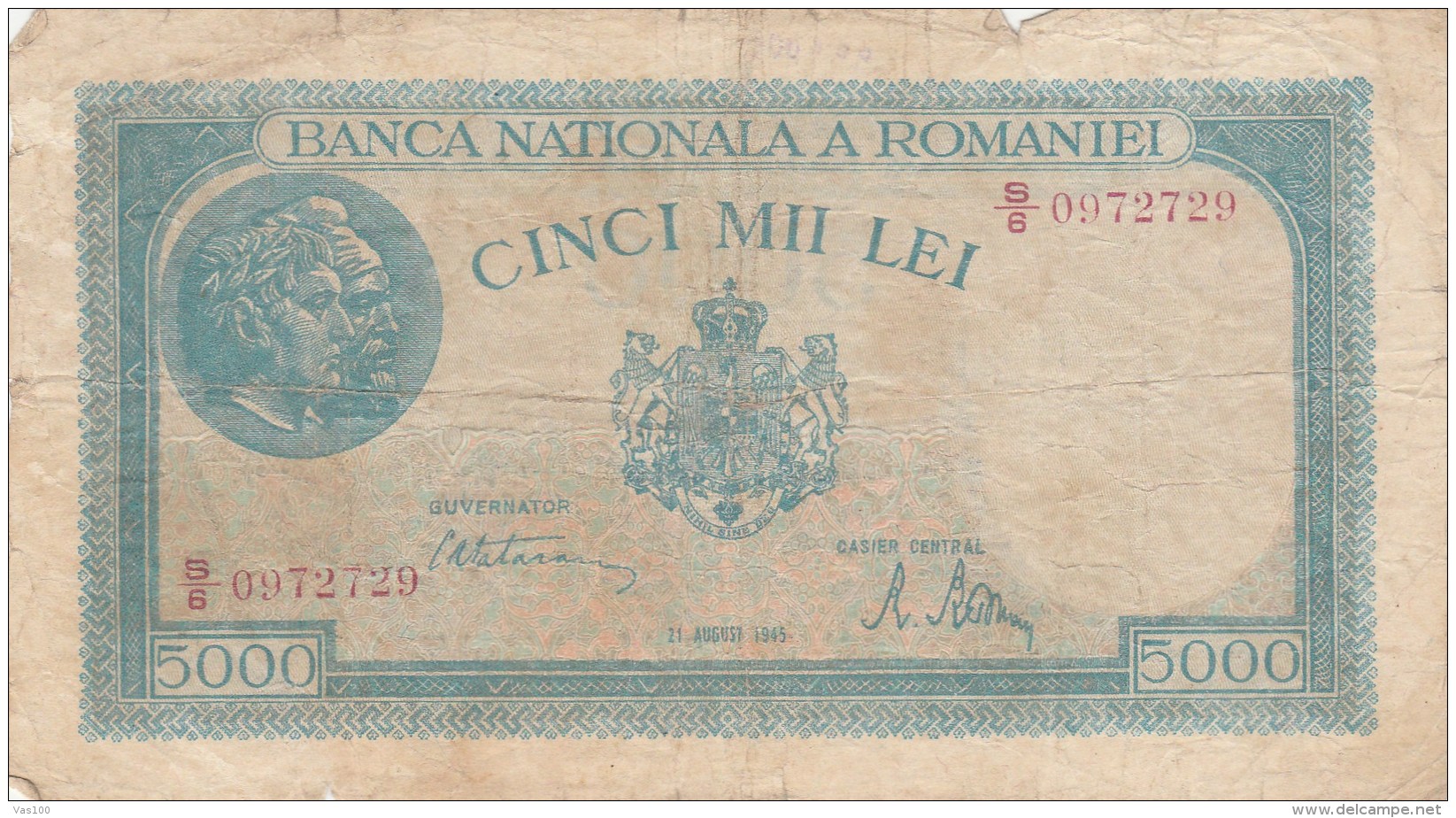 5000 LEI, COAT OF ARMS, 1945, PAPER BANKNOTE,ROMANIA. - Romania