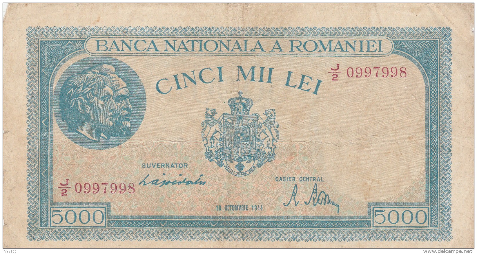 5000 LEI, COAT OF ARMS, 1945, PAPER BANKNOTE,ROMANIA. - Roumanie