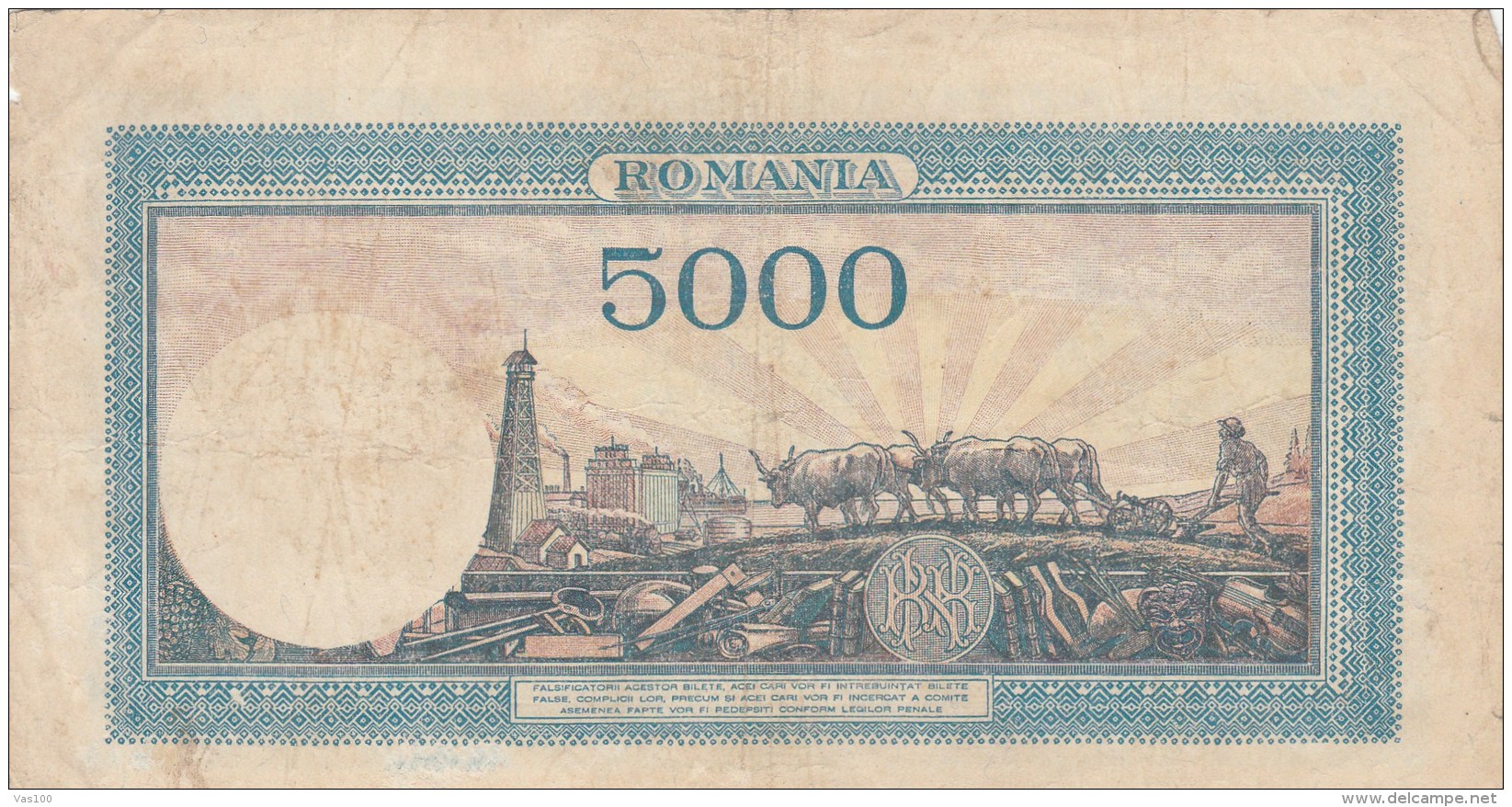 5000 LEI, COAT OF ARMS, 1945, PAPER BANKNOTE,ROMANIA. - Rumänien