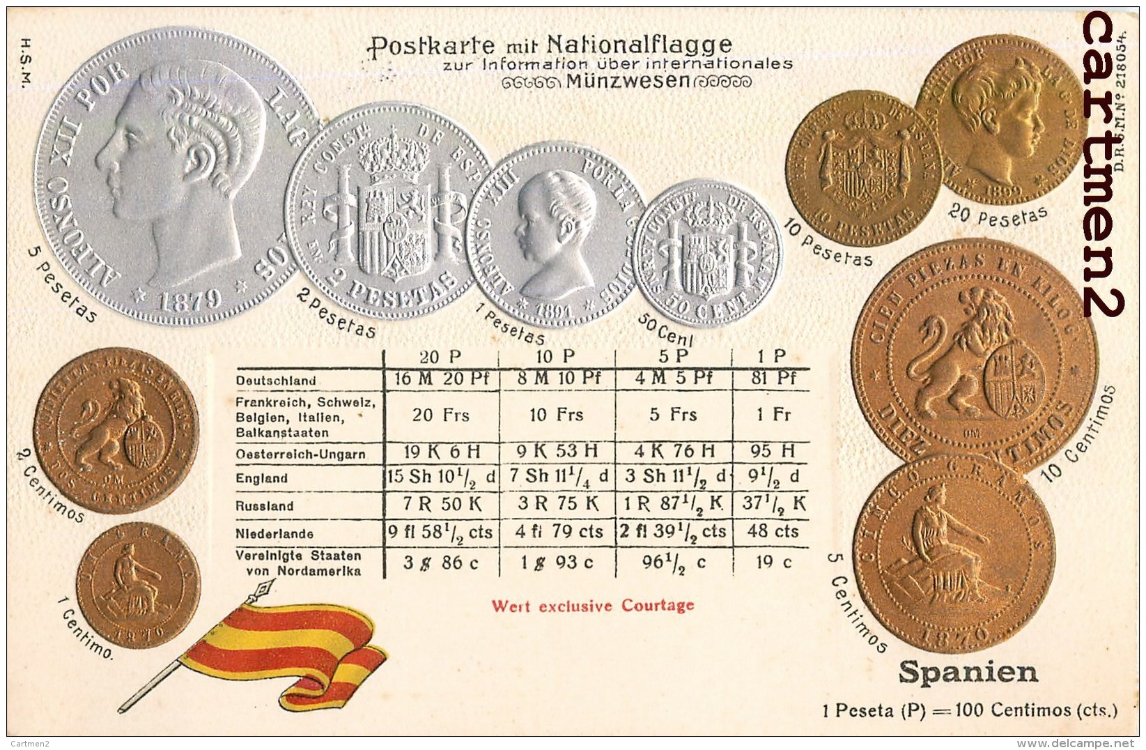 POSTKARTE MIT NATIONALFLAGGE SPANIEN ESPANA MONNAIE ESPAGNE PIECE BOURSE PESETAS CENTIMOS GAUFREE EMBOSSED COURTAGE - Monedas (representaciones)