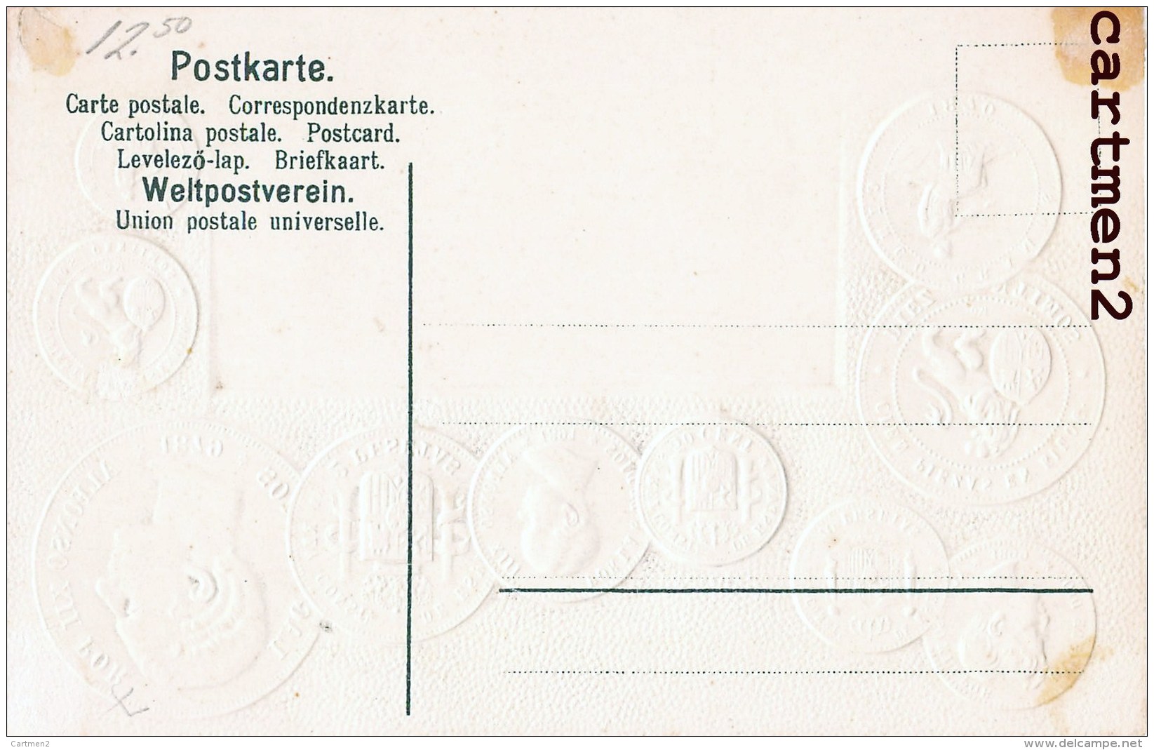 POSTKARTE MIT NATIONALFLAGGE SPANIEN ESPANA MONNAIE ESPAGNE PIECE BOURSE PESETAS CENTIMOS GAUFREE EMBOSSED COURTAGE - Monedas (representaciones)