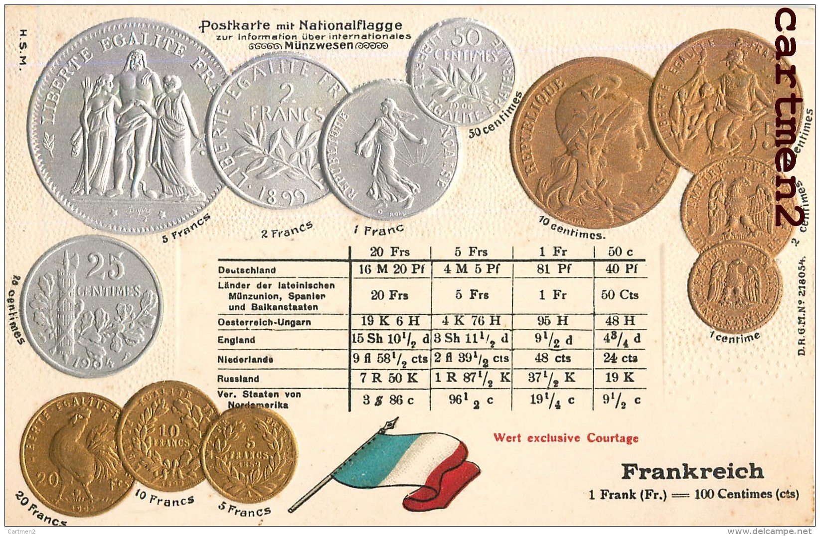 POSTKARTE MIT NATIONALFLAGGE LE FRANC FRANCAIS PIECEDE 5 FRANC EN ARGENT BOURSE GAUFREE EMBOSSED PATRIOTISME - Munten (afbeeldingen)