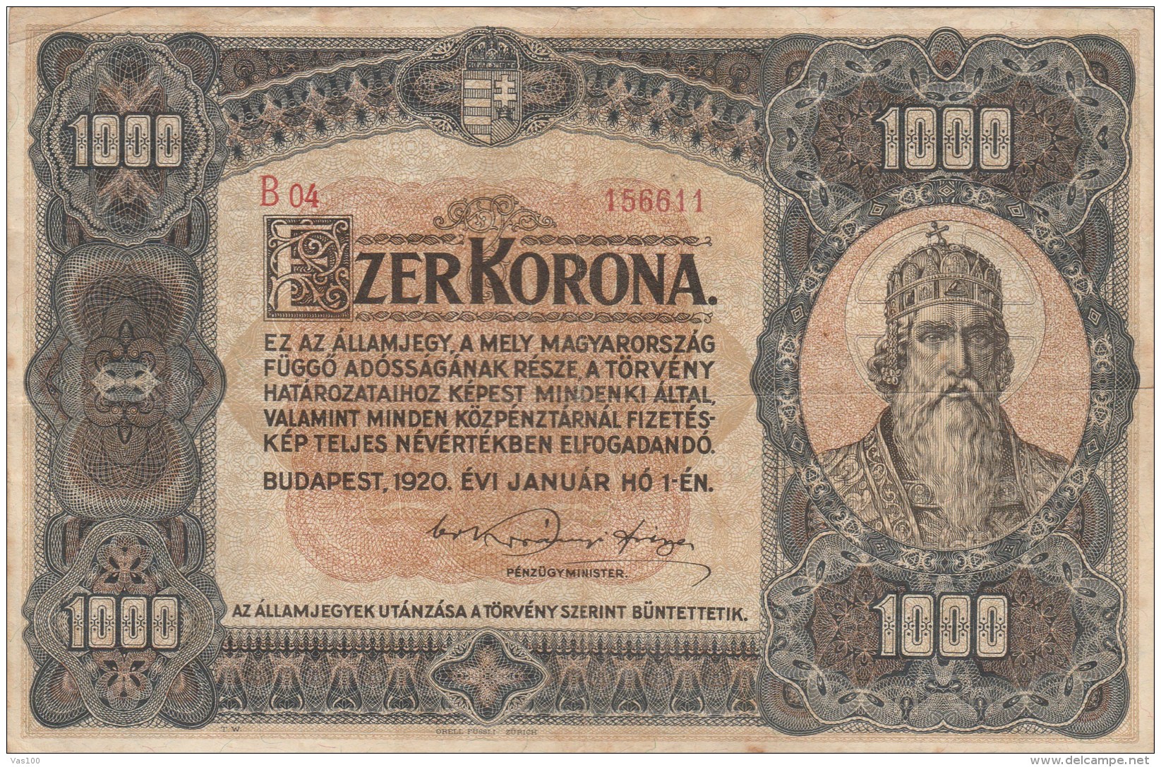 1000 KORONA, KING SAINT STEPHAN, 1920, PAPER BANKNOTE, HUNGARY. - Hungary