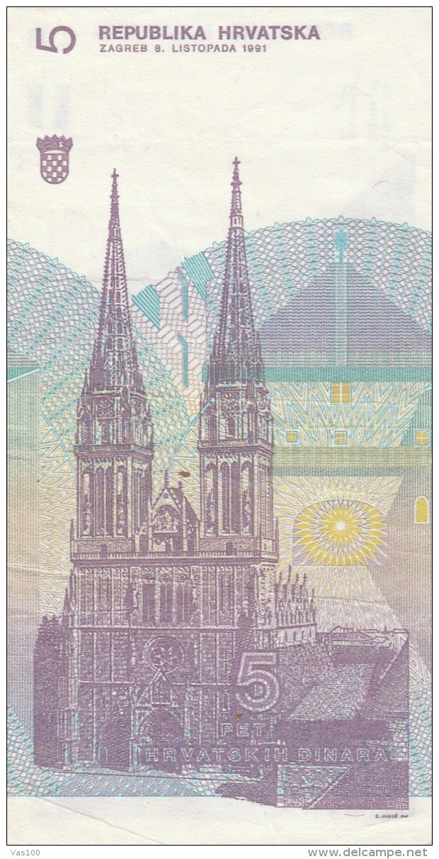 5 HRVATSKI DINAR,PET DINARA, 1991, PAPER BANKNOTE, CROATIA. - Croatie