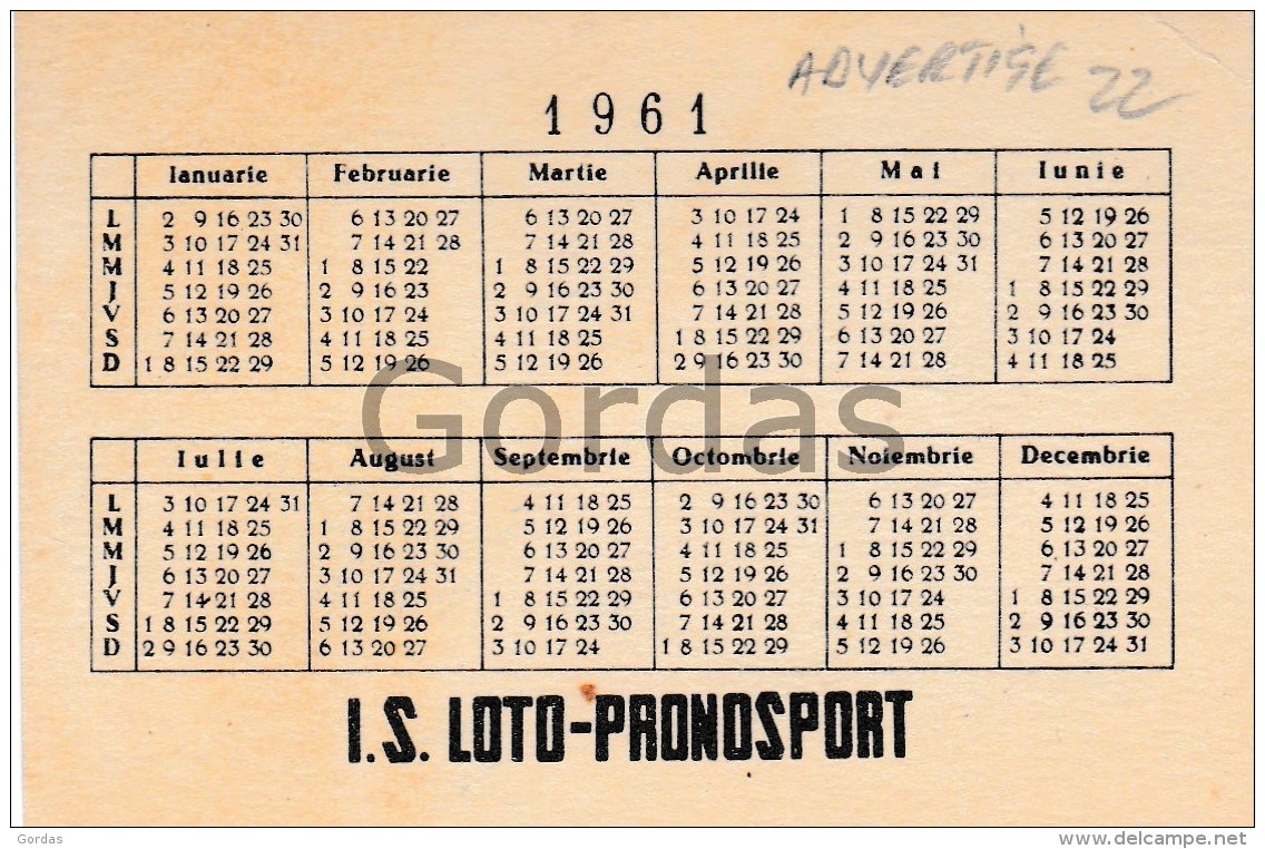 Romania - 1961 - Loto Pronosport - Pocket Calendar - Small : 1961-70