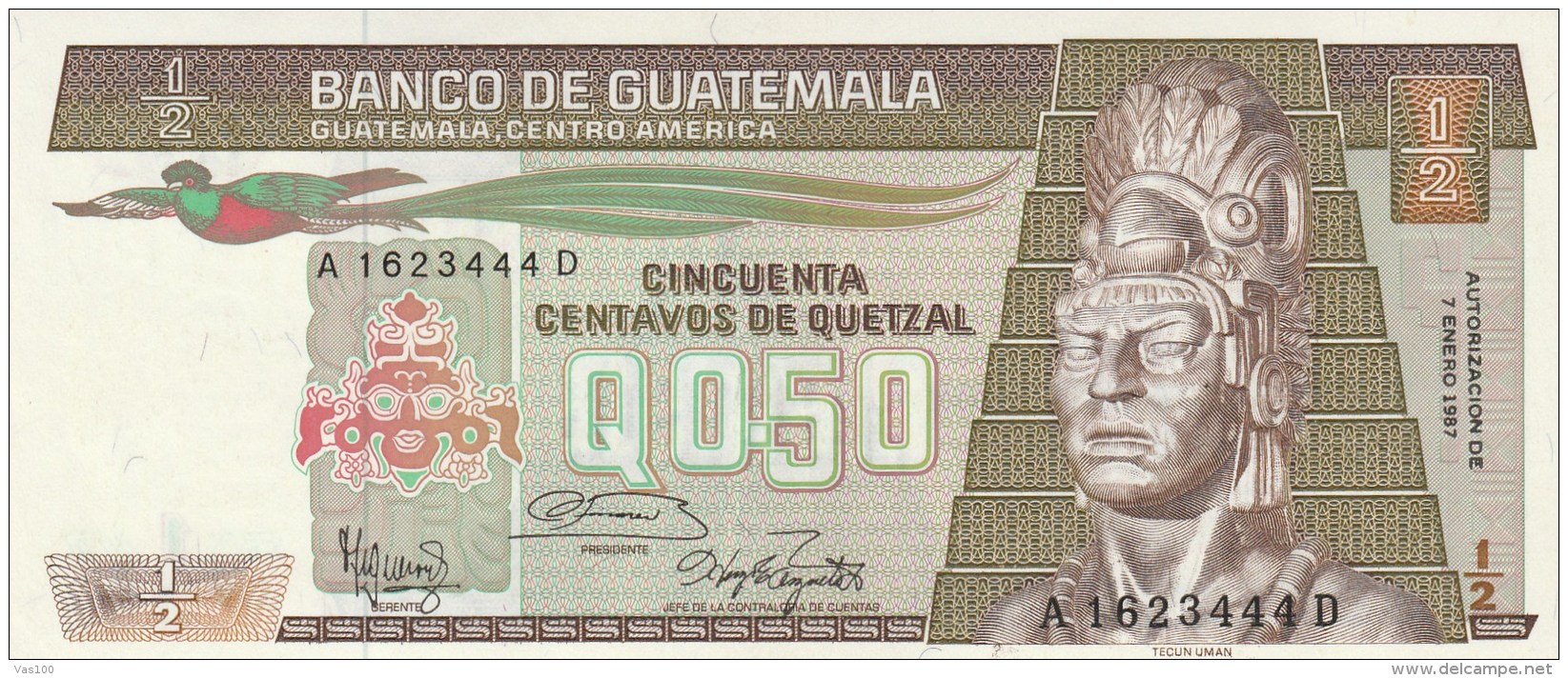 Q 0.50, CINCUENTA CENTAVOS DE QUETZAL, 1987, UNC, PAPER BANKNOTE, GUATEMALA. - Guatemala