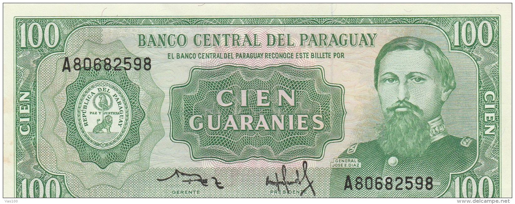 100 CIEN GUARANIES, GENERAL JOSE E. DIAZ, 1952, UNC, PAPER BANKNOTE, PARAGUAY. - Paraguay