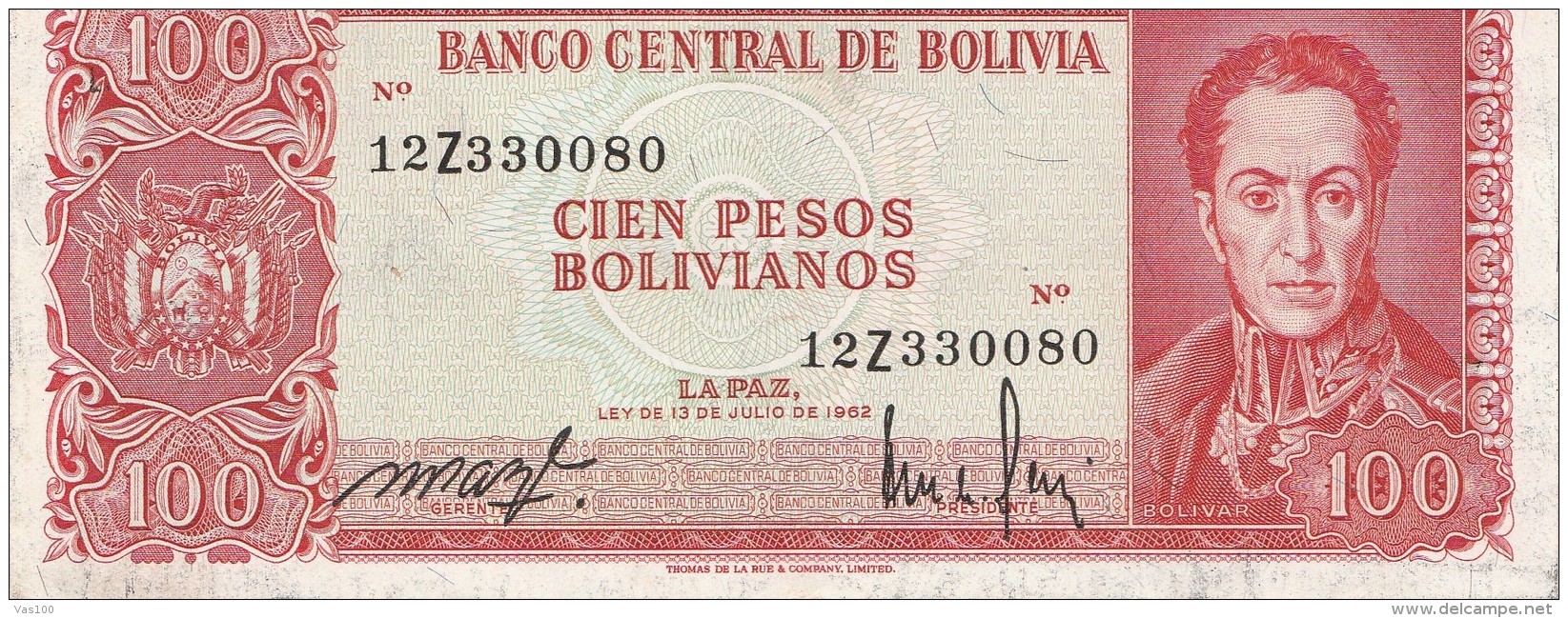 100 PESOS, CIEN PESOS BOLIVIANOS, 1962, PAPER BANKNOTE, BOLIVIA. - Bolivië