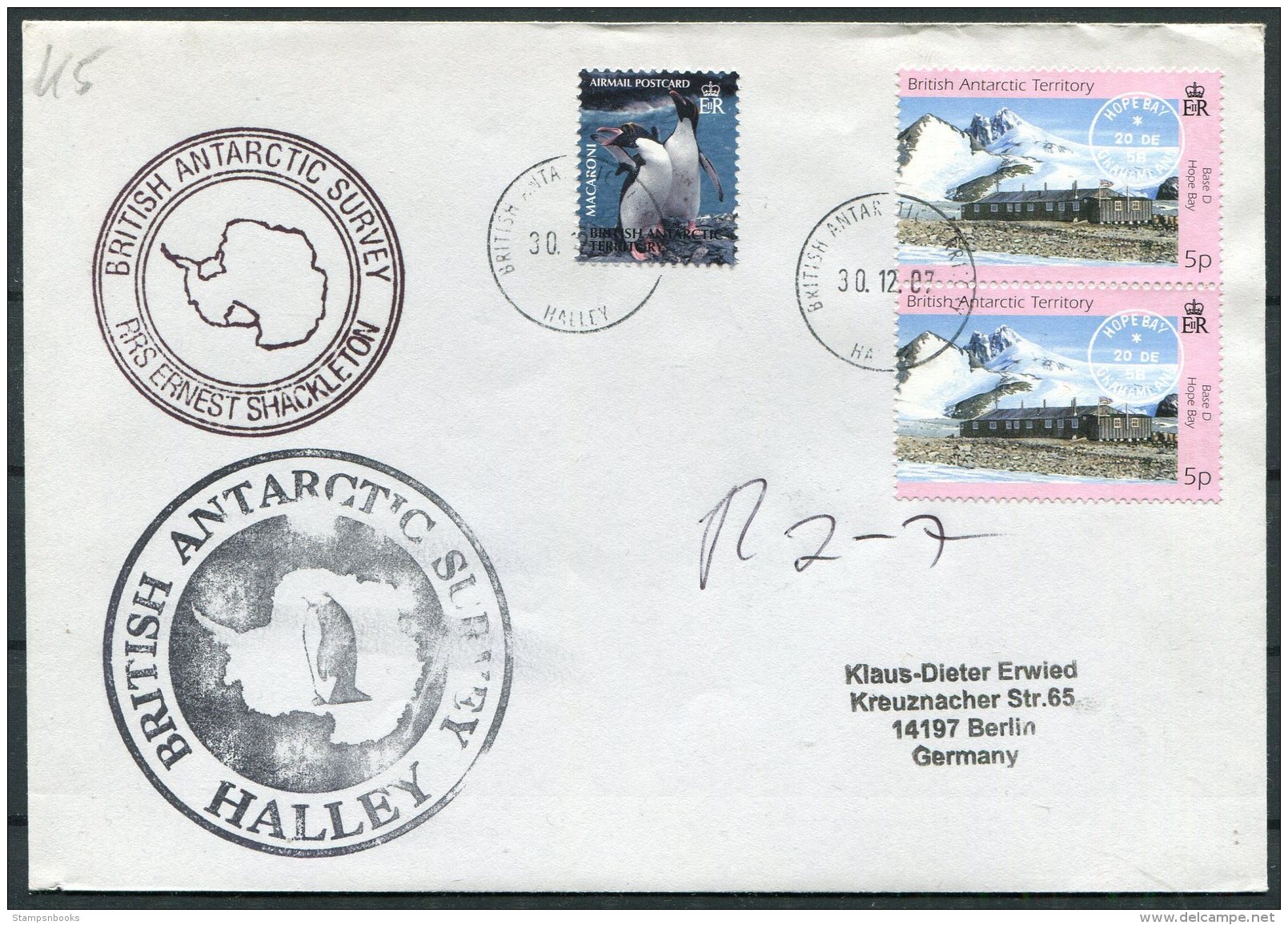 2007 B.A.T. British Antarctic Survey, Halley Base, Ernest Shackleton Penguin Cover - Covers & Documents