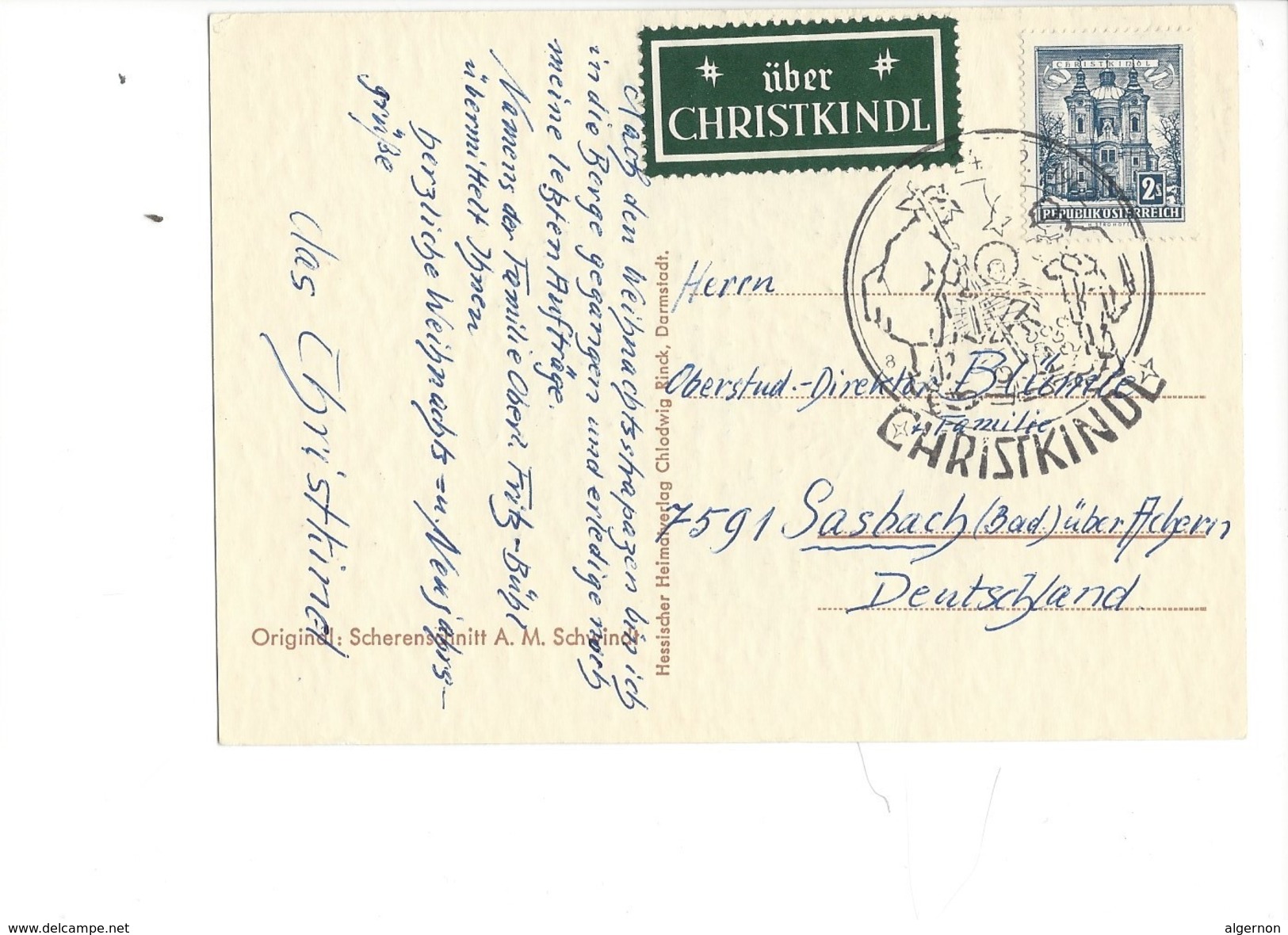 15970 - Christkindl  Carte 24.12.1962  Pour Sasbach Bad DE + Vignette über Christkindl - Noël