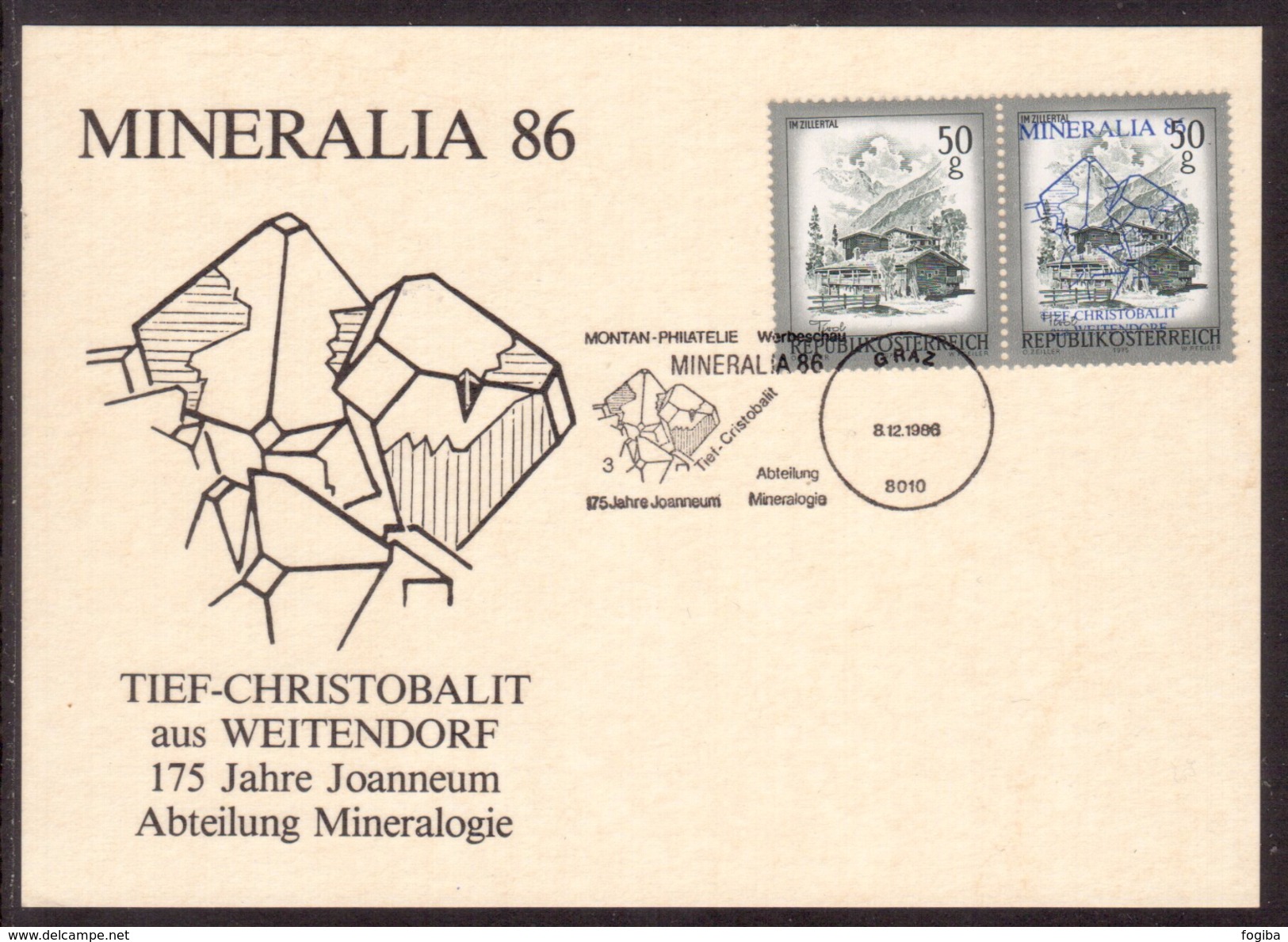 JP216   Austria, Österreich - 175 Jahre Joanneum, MINERALIA 86, Tief-Cristobalit, Graz - Stamp Overprinted - Minerales