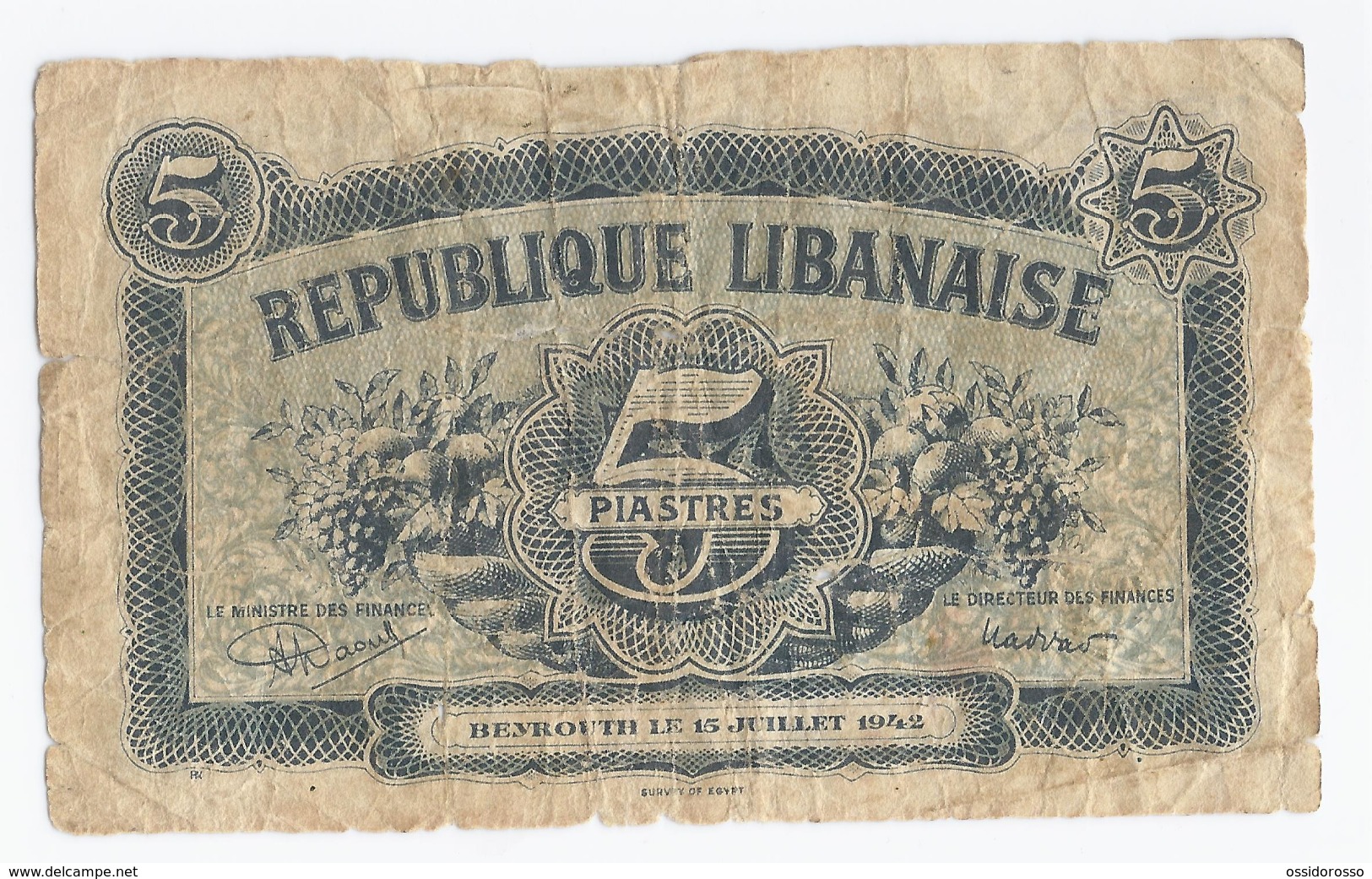 REPUBLIQUE LIBANAISE - 5 PIASTRES -  15 JUILLET 1942 - - Libano