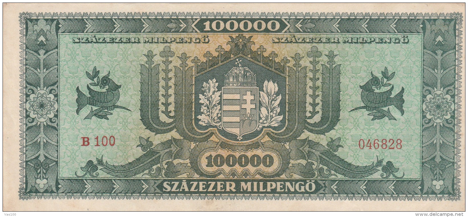 100 000 PENGO, SZAZEZER PENGO, 1946,  GREEN PAPER BANKNOTE ,HUNGARY. - Hongrie