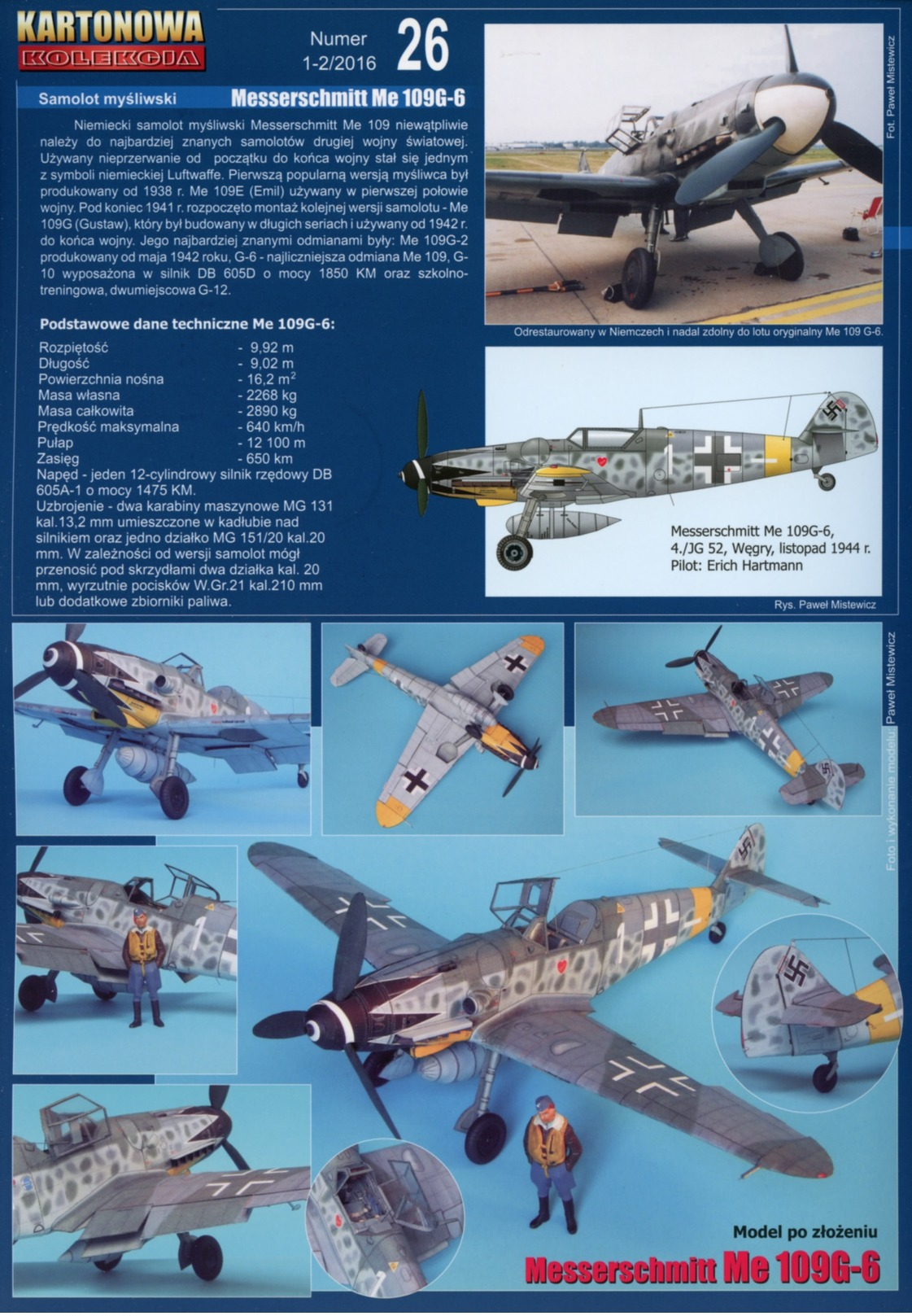 German WWII Fighter Messerschmitt Me 109G-6 - Paper Card Model Scale 1/33 # Kartonowa Kolekcja No 26 - Paper Models / Lasercut