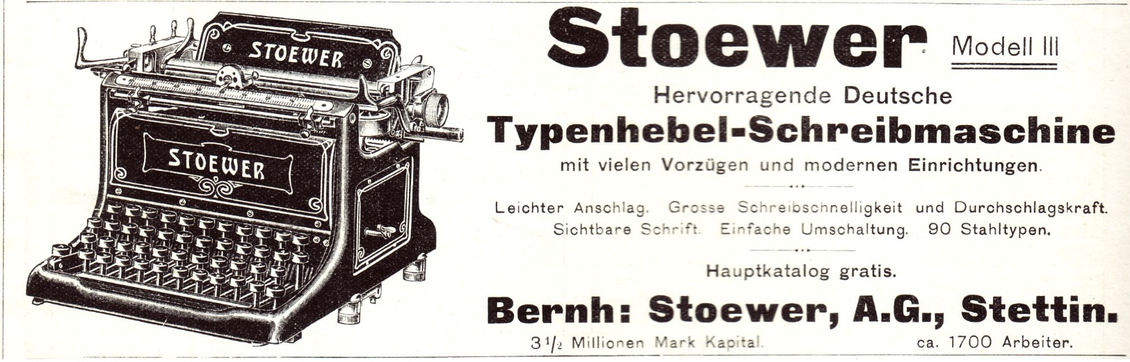 Original-Werbung/ Anzeige 1907 - STOEWER TYPENHEBEL SCHREIBMASCHINE - STETTIN - Ca. 180 X 60 Mm - Werbung