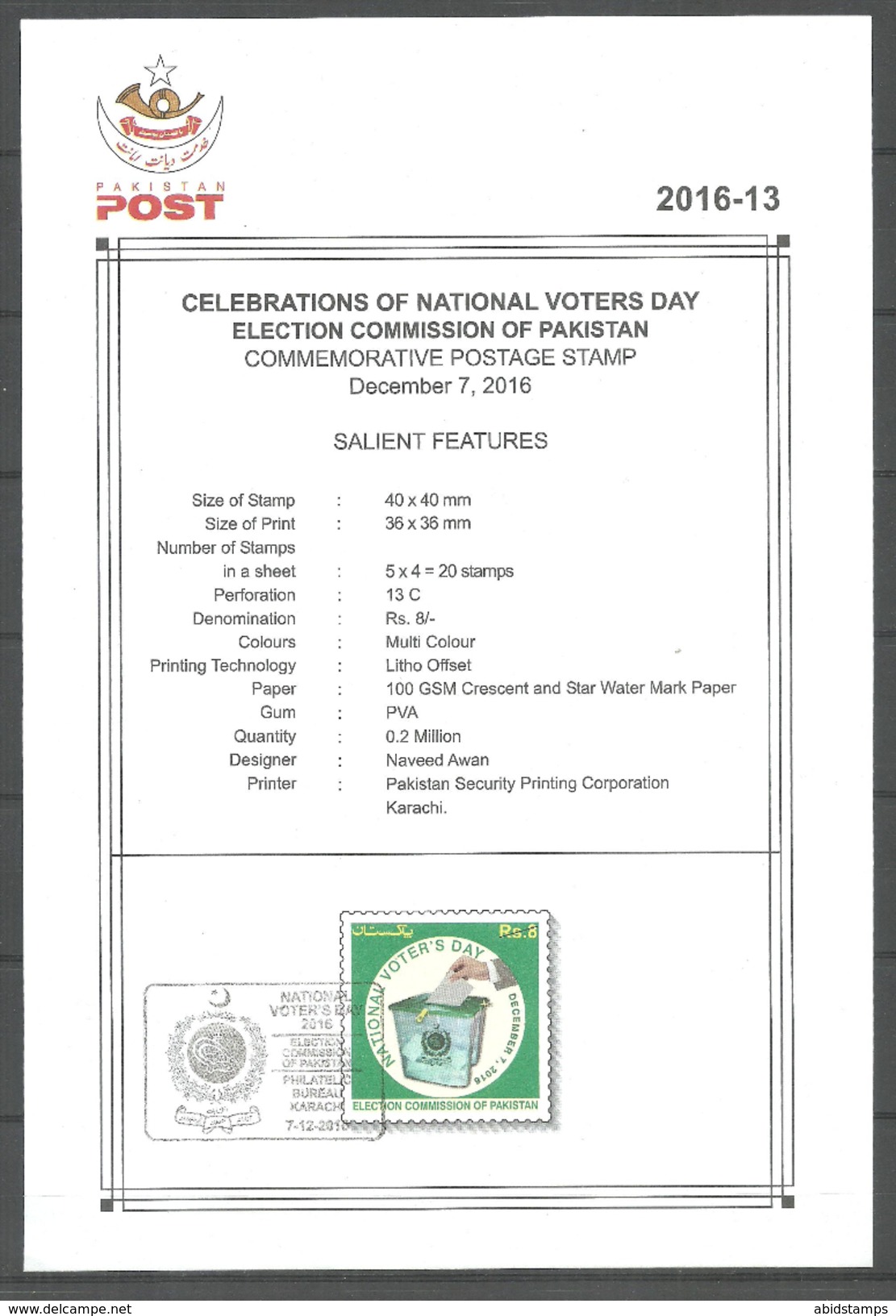 PAKISTAN 2016 CELEBRATION OF NATIONAL VOTERS DAY  BROCHURE WITH CANCELLATION WITHOUT STAMP - Pakistan