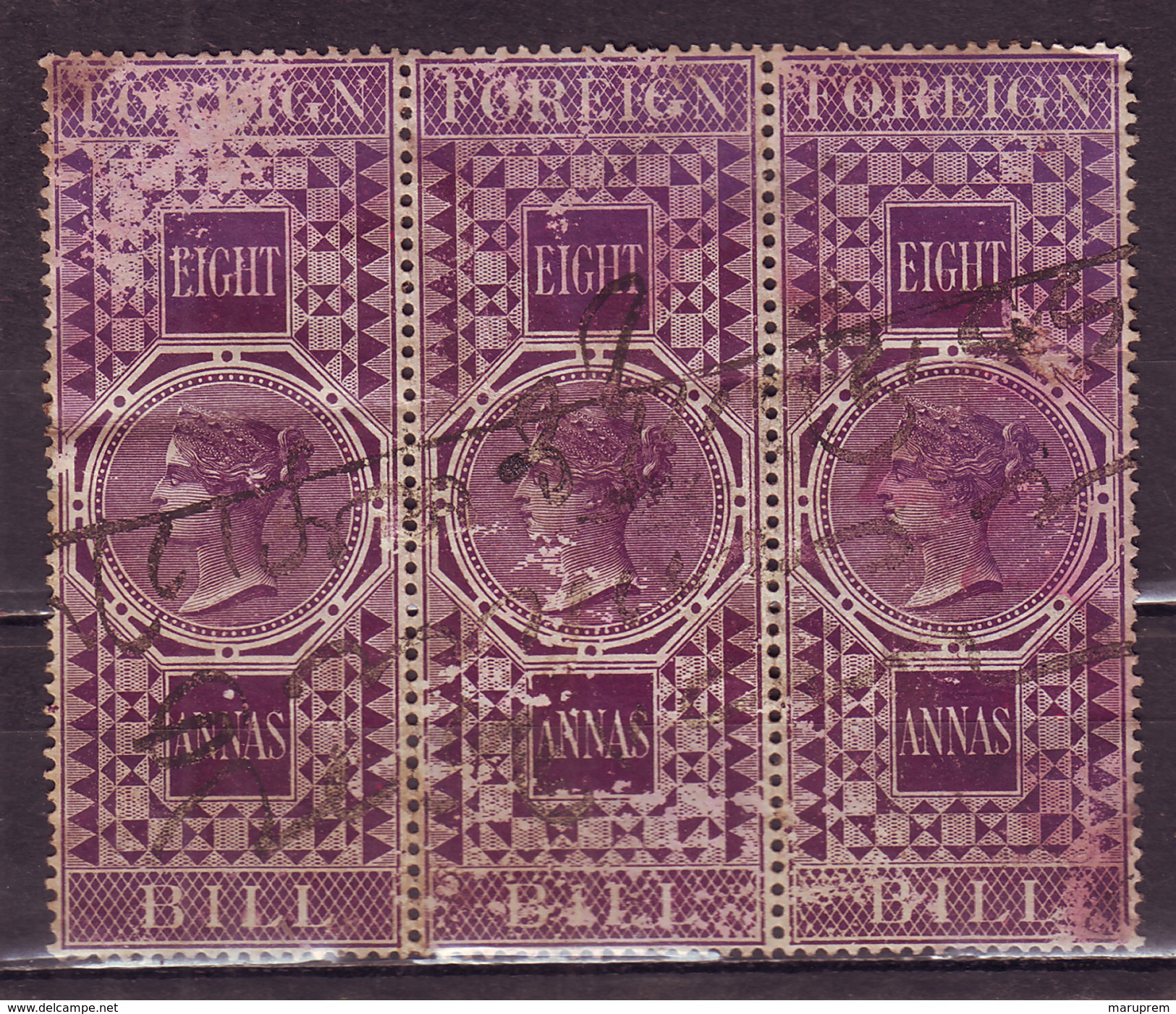 British India-Queen Victoria 8 Annas 1861 Issue Foreign Bill Strip Of 3 Stamps #DIU32 - Other & Unclassified