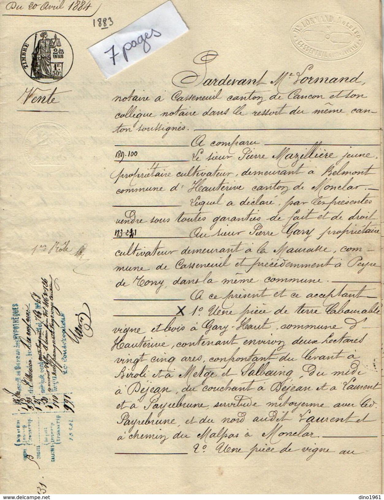 VP6708 - CASSENEUIL - Acte De 1884 - Entre P.MAZILLIERE & P.GARY Vente De Terre Située à HAUTERIVE - Manuskripte