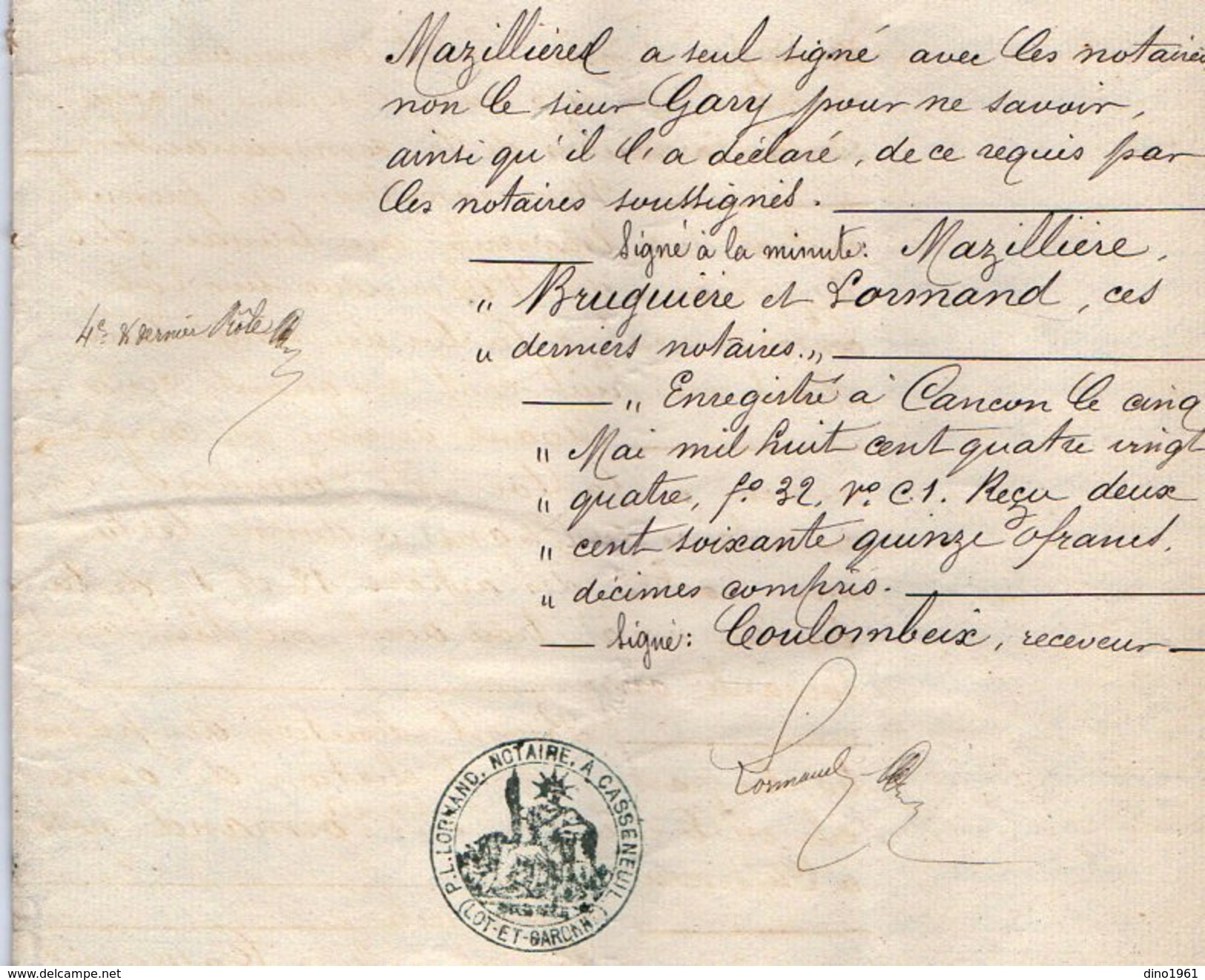 VP6708 - CASSENEUIL - Acte De 1884 - Entre P.MAZILLIERE & P.GARY Vente De Terre Située à HAUTERIVE - Manoscritti