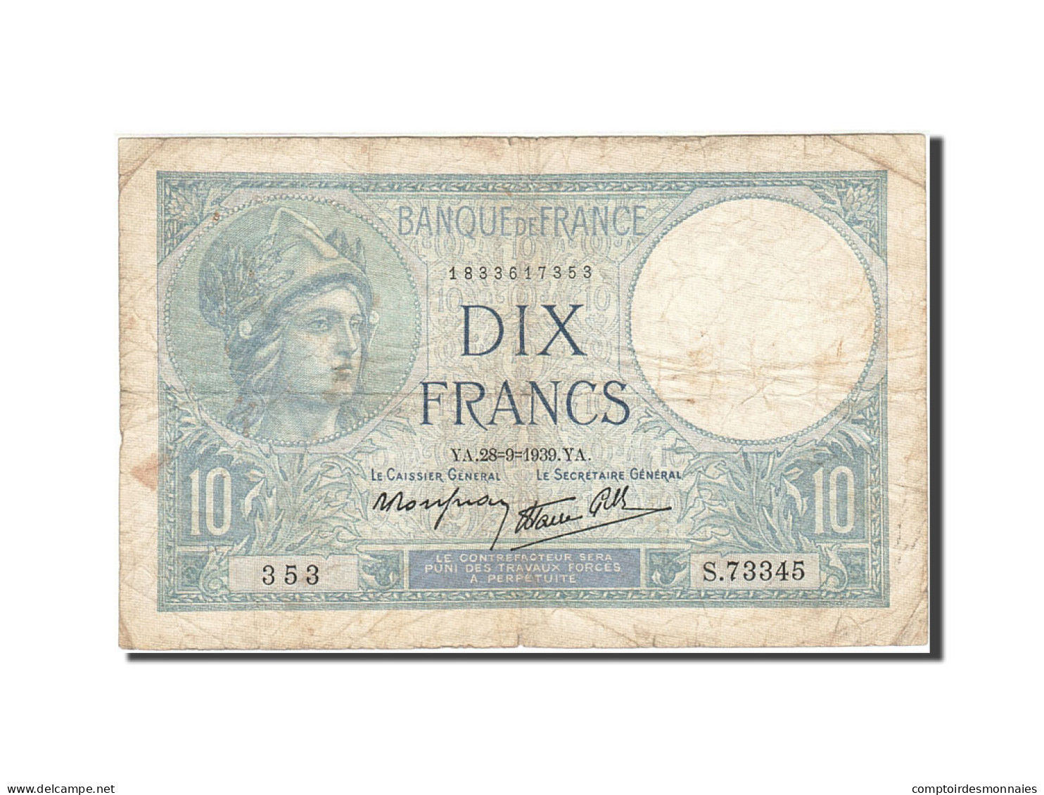 Billet, France, 10 Francs, 1915, 1939-09-28, TB, Fayette:7.9, KM:84 - 10 F 1916-1942 ''Minerve''