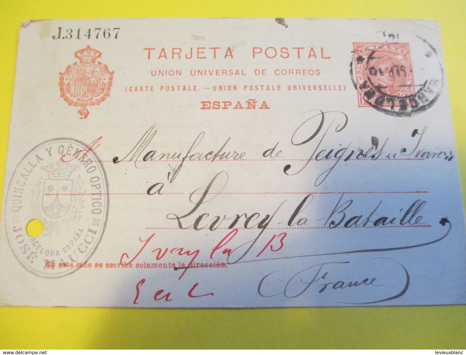 Carte Postale Sans Illustration/Timbre Imprimé/Espana/José Maucci/Barcelone/Lecoeur - Ivry La Bataille/1910    TIMB104 - Other & Unclassified