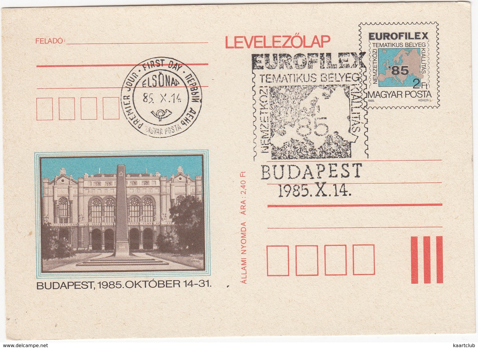 EUROFILEX - Budapest 1985 - First Day Card - Postwaardestukken