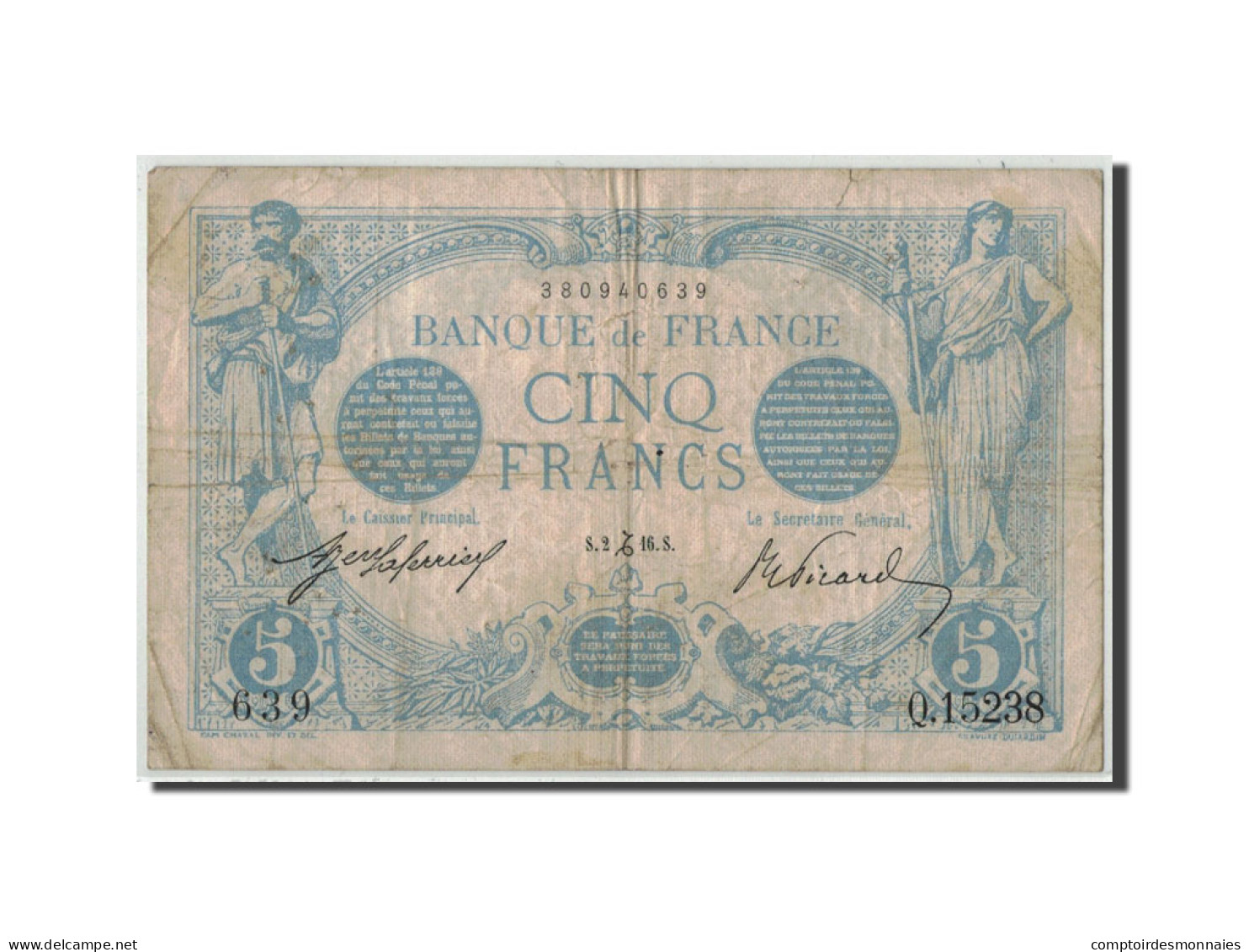 Billet, France, 5 Francs, 5 F 1912-1917 ''Bleu'', 1916, 1916-12-02, TB+ - 5 F 1912-1917 ''Bleu''