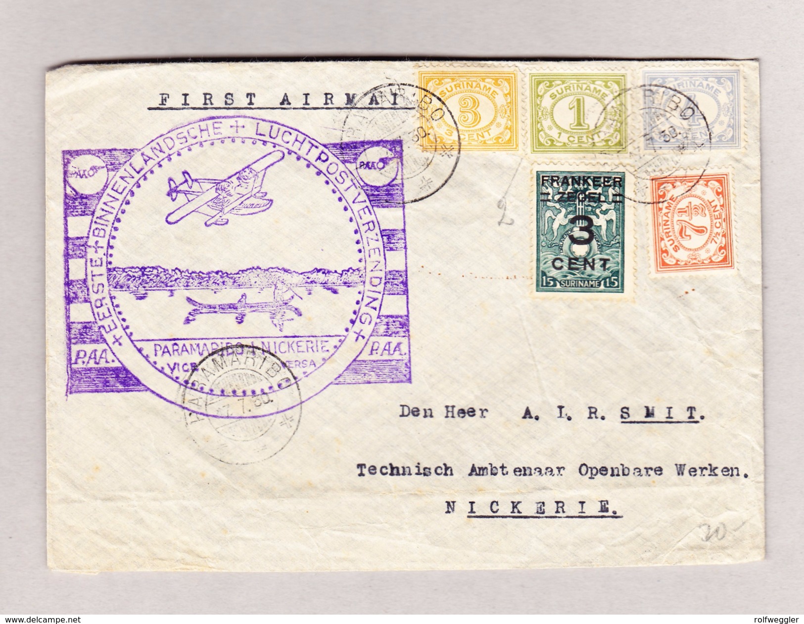 NL Surinam PARAMARIBO 17.7.1930 Flugpostbrief Nach Nickerie Erstflug Luftpostsendung - Suriname ... - 1975