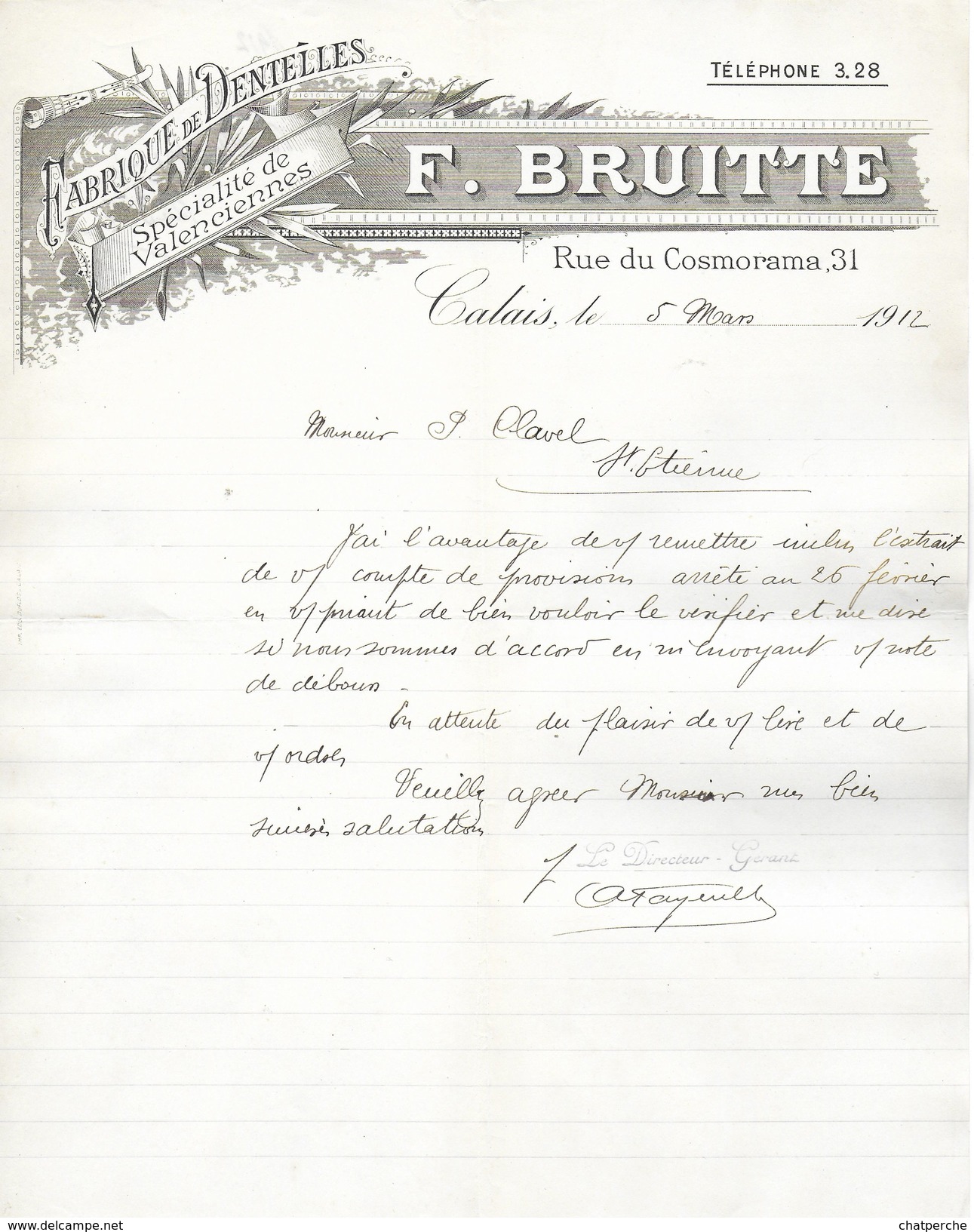 DOCUMENT TEXTILE VESTIMENTAIRE FABRIQUE DE DENTELLES SPECIALITES DE VALENCIENNES F. BRUITTE  CALAIS 1912 - Textile & Clothing