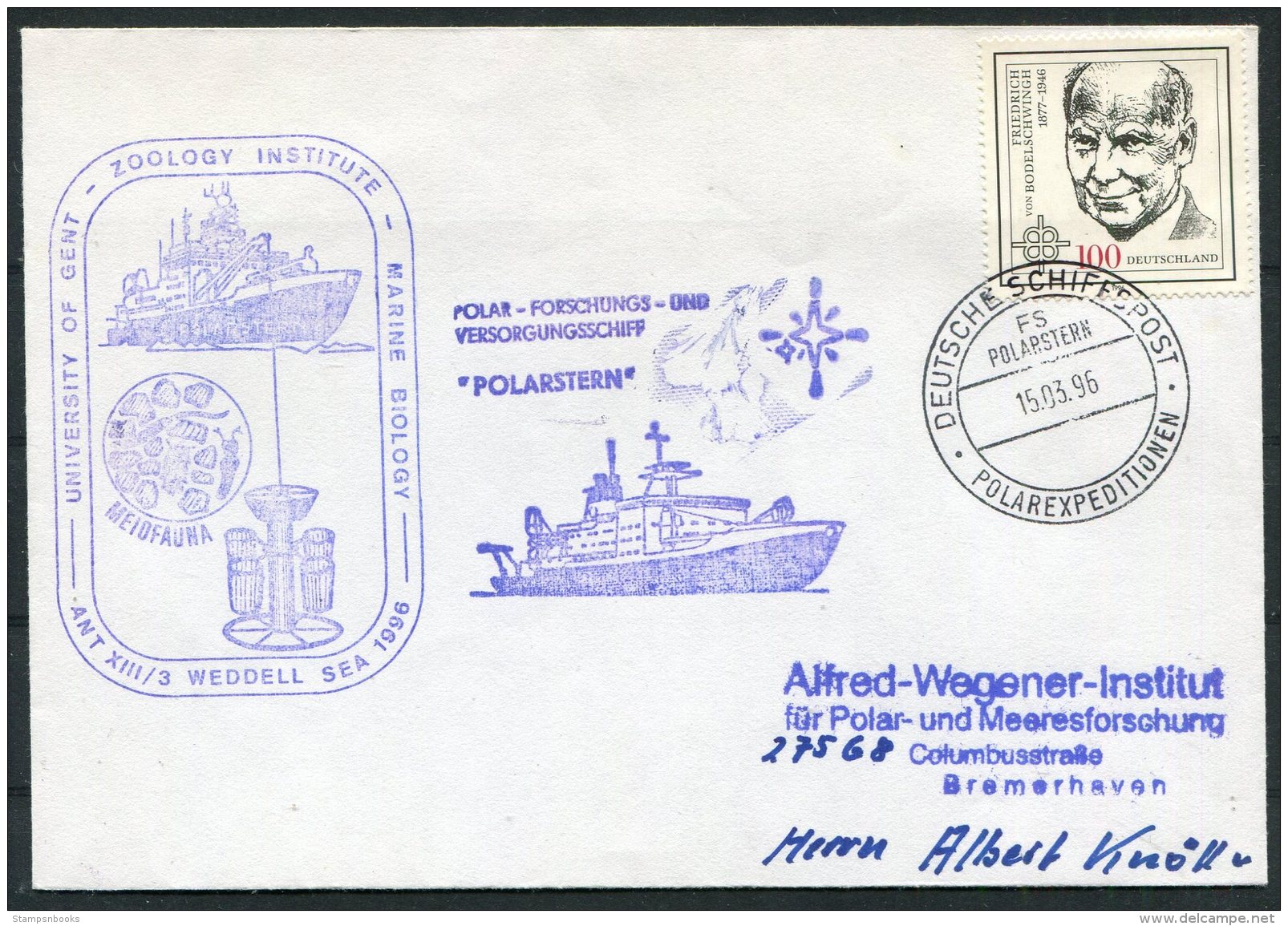 1996 Germany Deutsche Schiffspost FS POLARSTERN Ship Cover. Weddell Sea Polar Gent University Zoology Marine Biology - Polar Ships & Icebreakers