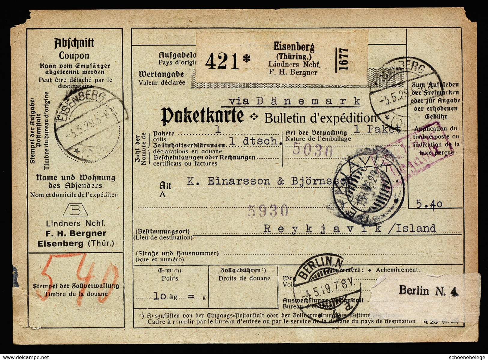 A4340) DR Selbstbucher-Paketkarte Von Eisenberg 3.5.29 Nach Island - Briefe U. Dokumente