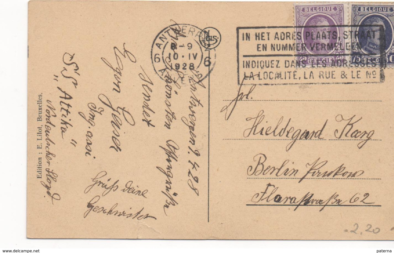 3096 Postal  Antwerpen 1928 Belgica - Cartas & Documentos