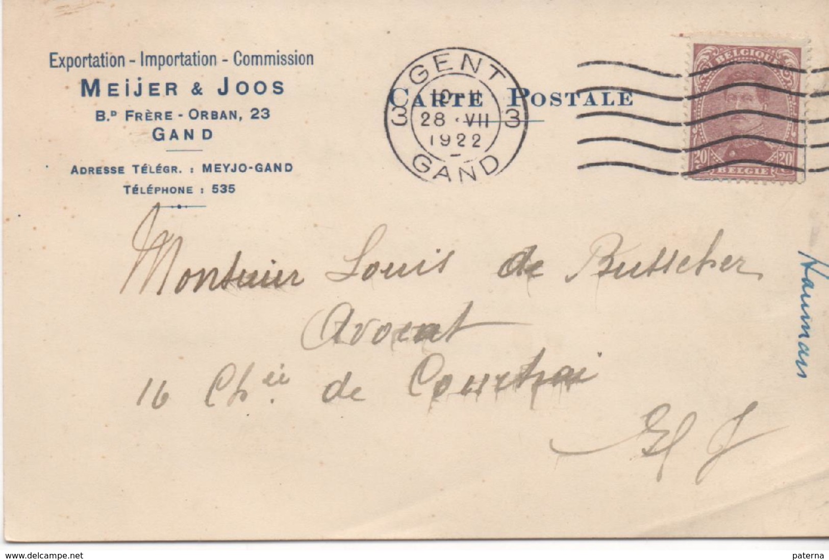 3096   Tarjeta Privada  Gent 1922 Gand Belgica - Cartas & Documentos