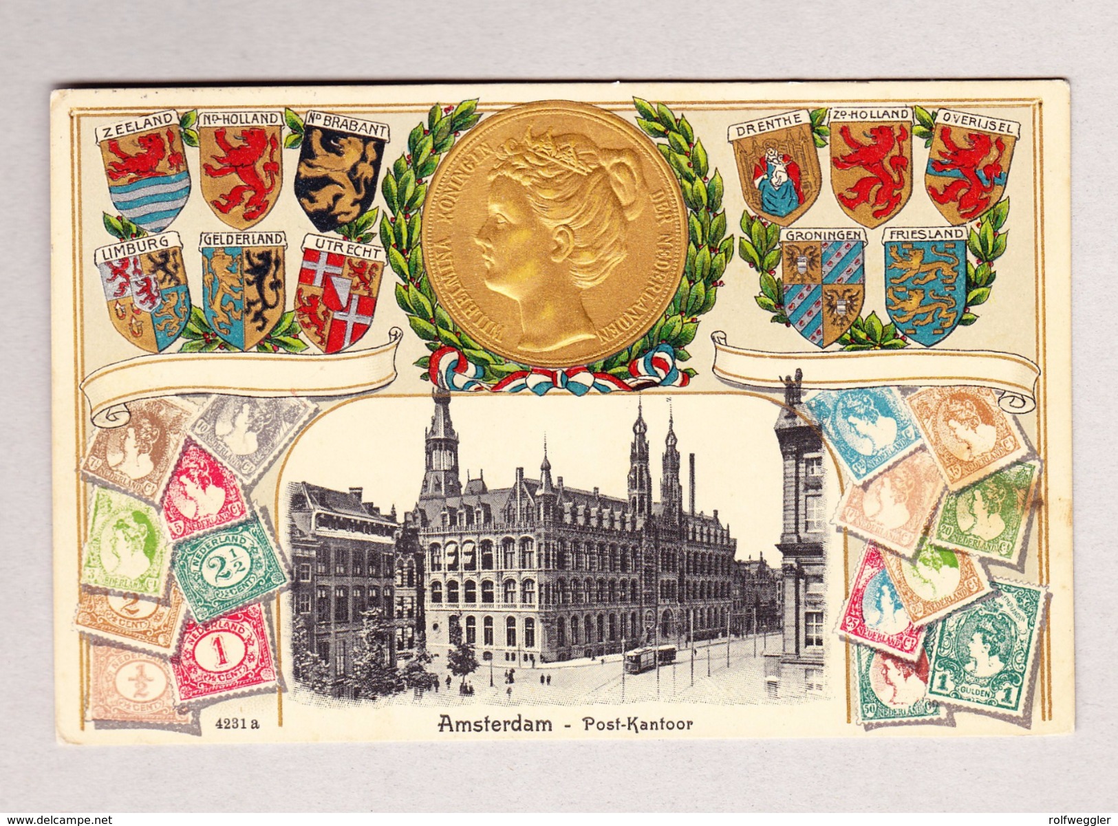 AK NL AMSTERDAM Post-Kantoor Foto Auf Prägekarte Mit Münze Und Briefmarken Von Amsterdam 17.12.1909 Nach Dornach - Amsterdam