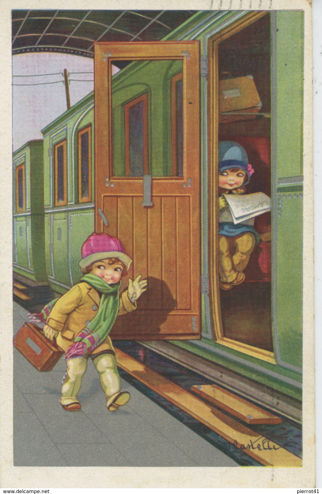 ENFANTS - LITTLE GIRL - MAEDCHEN  - Jolie Carte Fantaisie Enfants Sur Quai D'une Gare, Départ Du Train Signée CASTELLI - Castelli