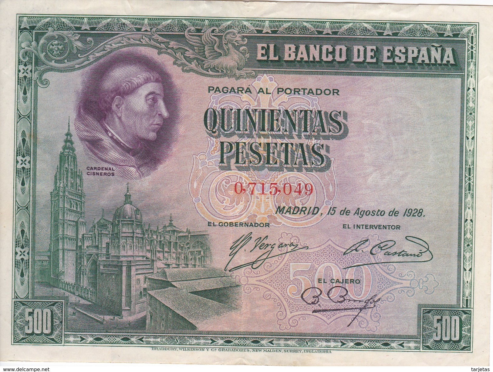 BILLETE DE ESPAÑA DE 500 PTAS DEL AÑO 1928 MBC (VF) SIN SERIE -CARDENAL CISNEROS - 500 Peseten