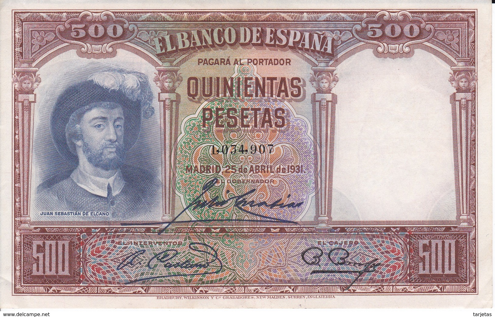 BILLETE DE ESPAÑA DE 500 PTAS DEL AÑO 1931 DE ELCANO CALIDAD EBC (XF) - 500 Pesetas