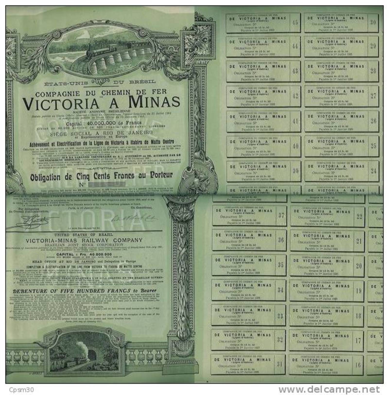 Obligation De Cinq Cents Francs COMPAGNIE Du Chemin De Fer VICTORIA à MINAS 10 Janvier 1911 - Chemin De Fer & Tramway