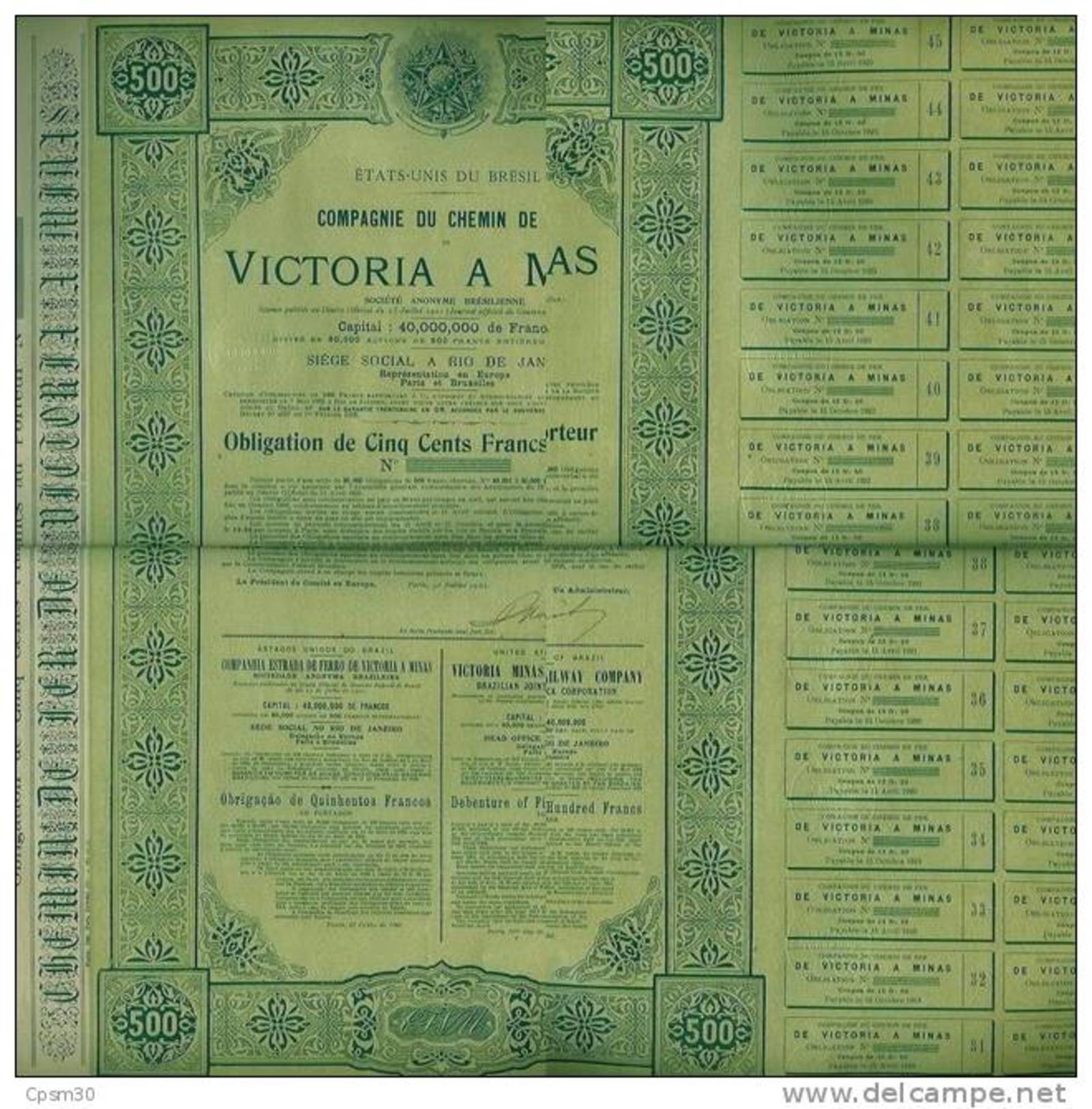 Obligation De Cinq Cents Francs COMPAGNIE Du Chemin De Fer VICTORIA à MINAS 31 Juillet 1902 - Navigation