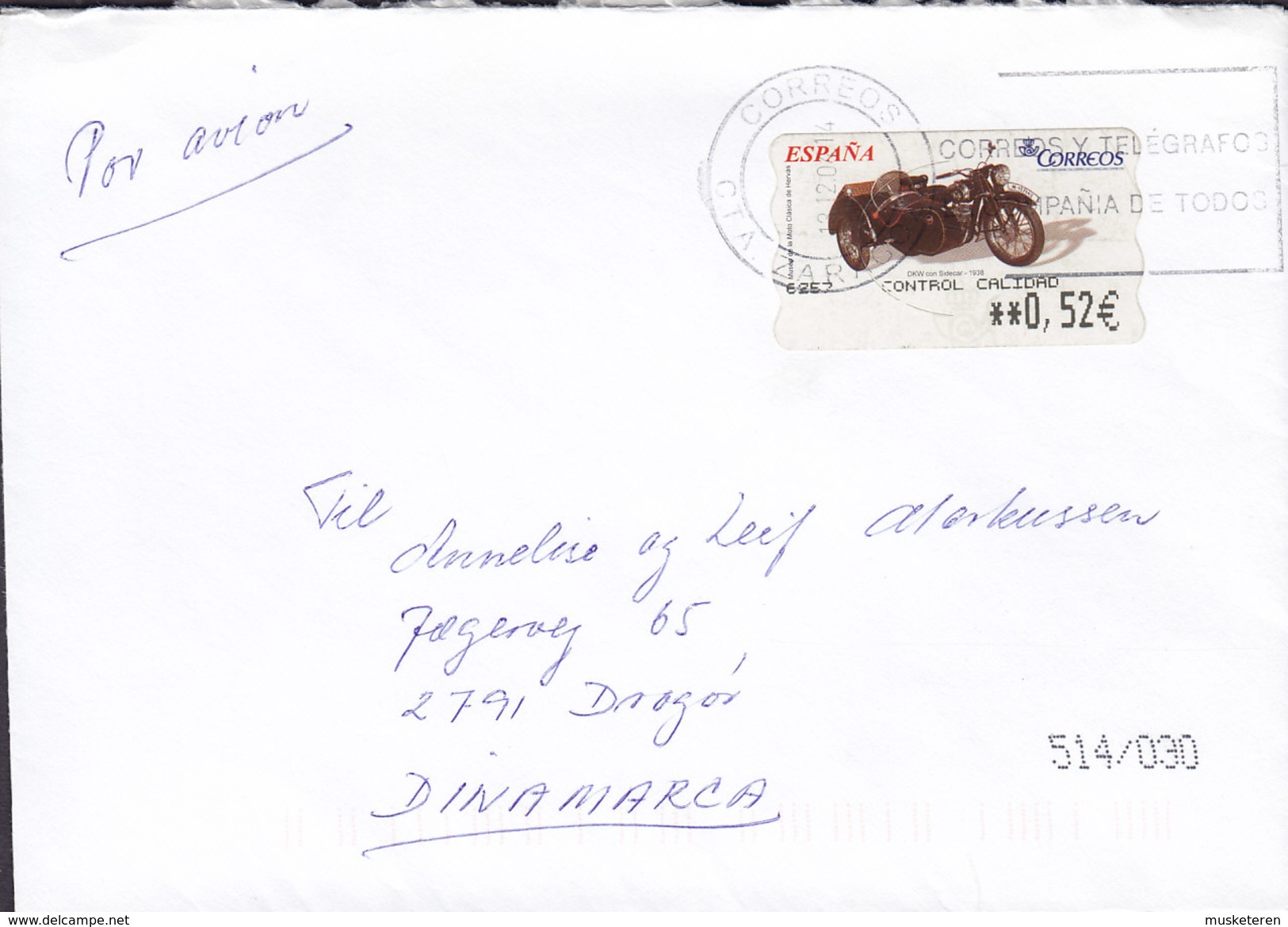 Spain Por Avion ZARAGOZA 2004 Cover Letra DRAGØR Amager Denmark ATM / Frama Label Motorcycle DKW - Maschinenstempel (EMA)