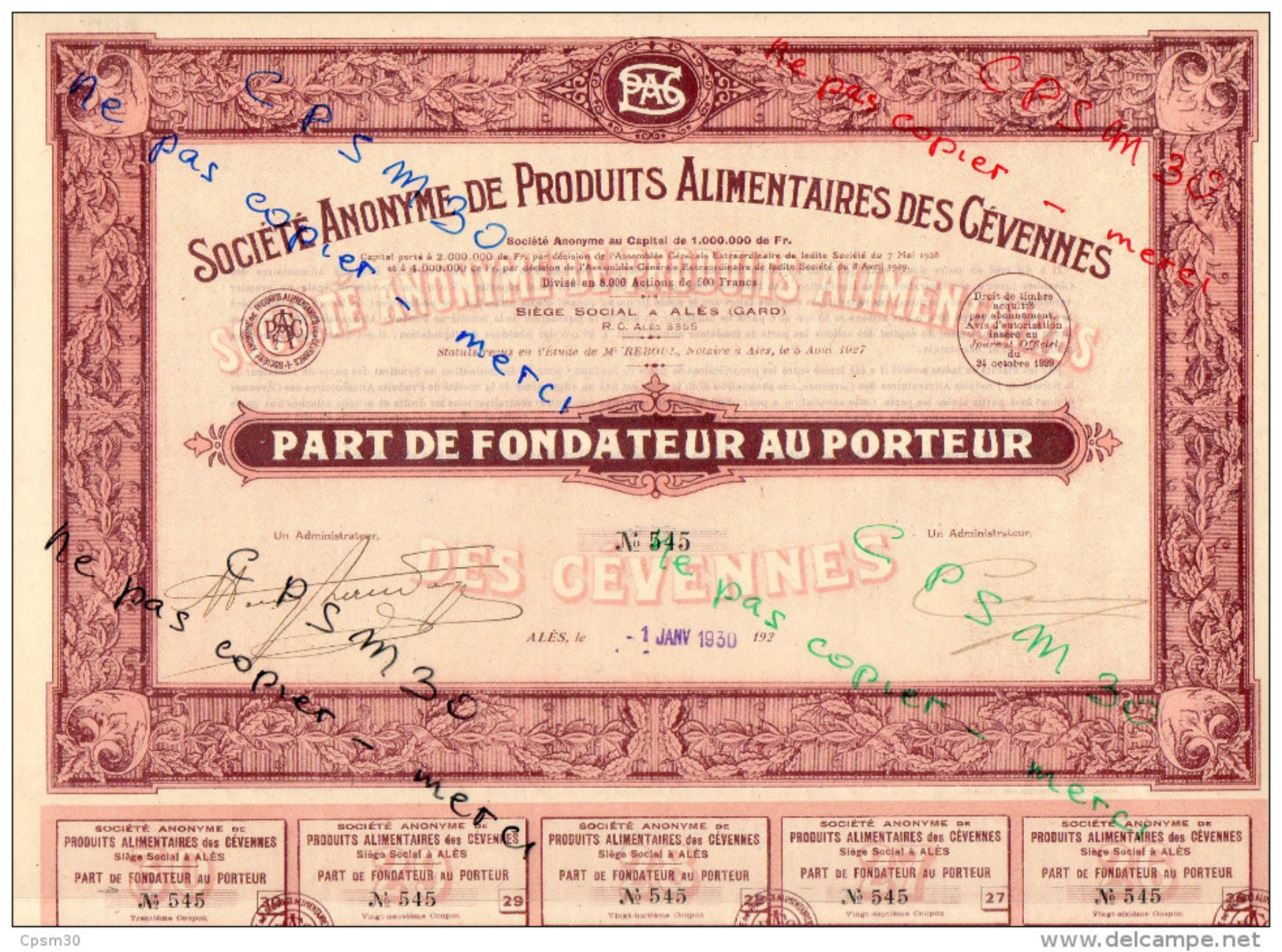 Action PART De FONDATEUR Au Porteur Société Anonyme De Produits Alimentaires CEVENNES ALES Janvier 1930 Coul Rouge Foncé - Agriculture