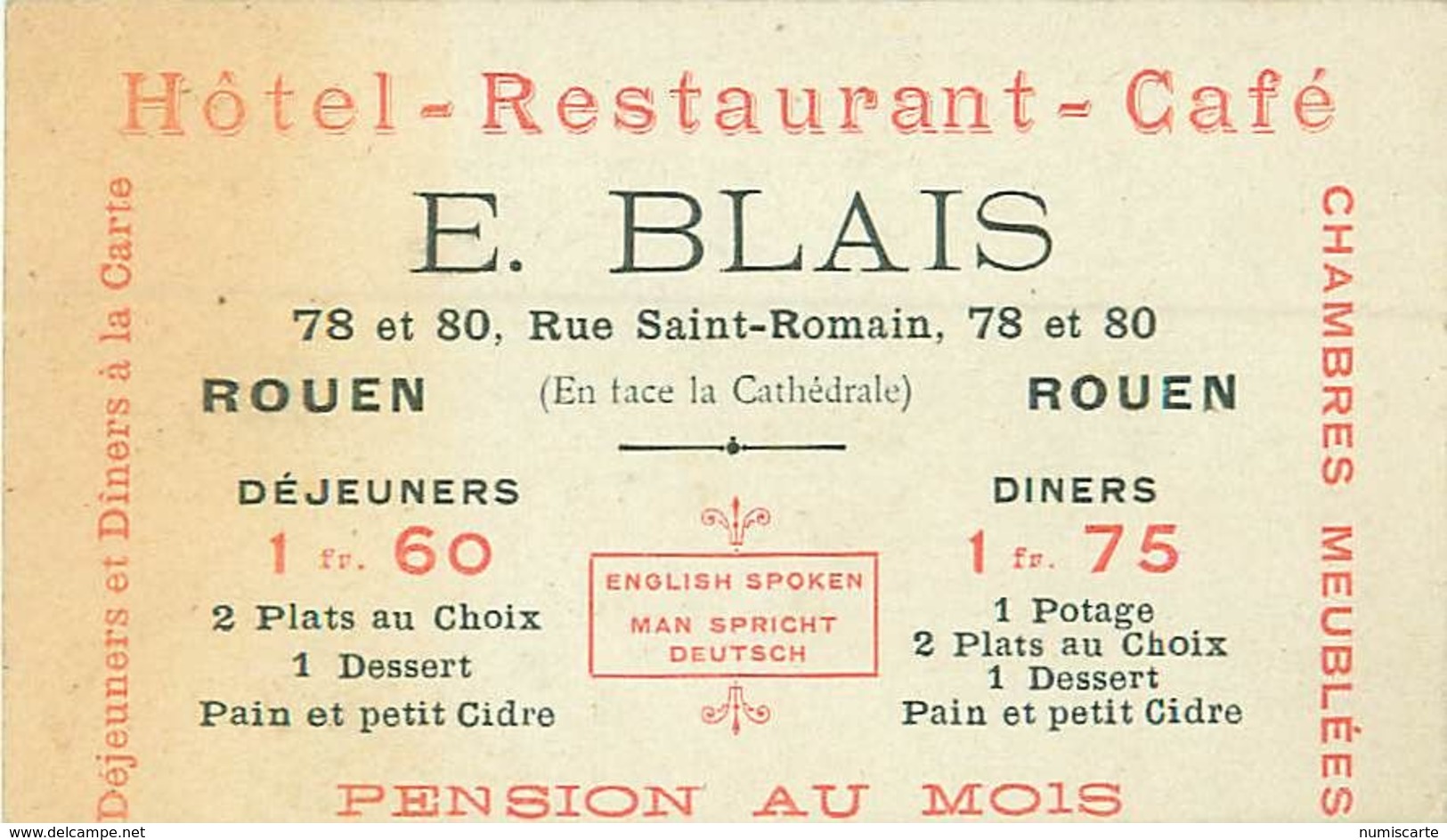 ROUEN 76 Hôtel Restaurant E. BLAIS 78 Et 80 Rue Saint Romain - Cartes De Visite