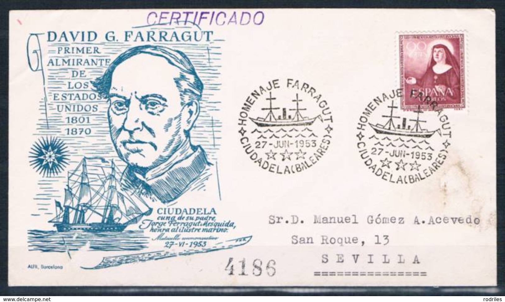 1953.-  CIUDADELA (BALEARES) A SEVILLA - Cartas & Documentos