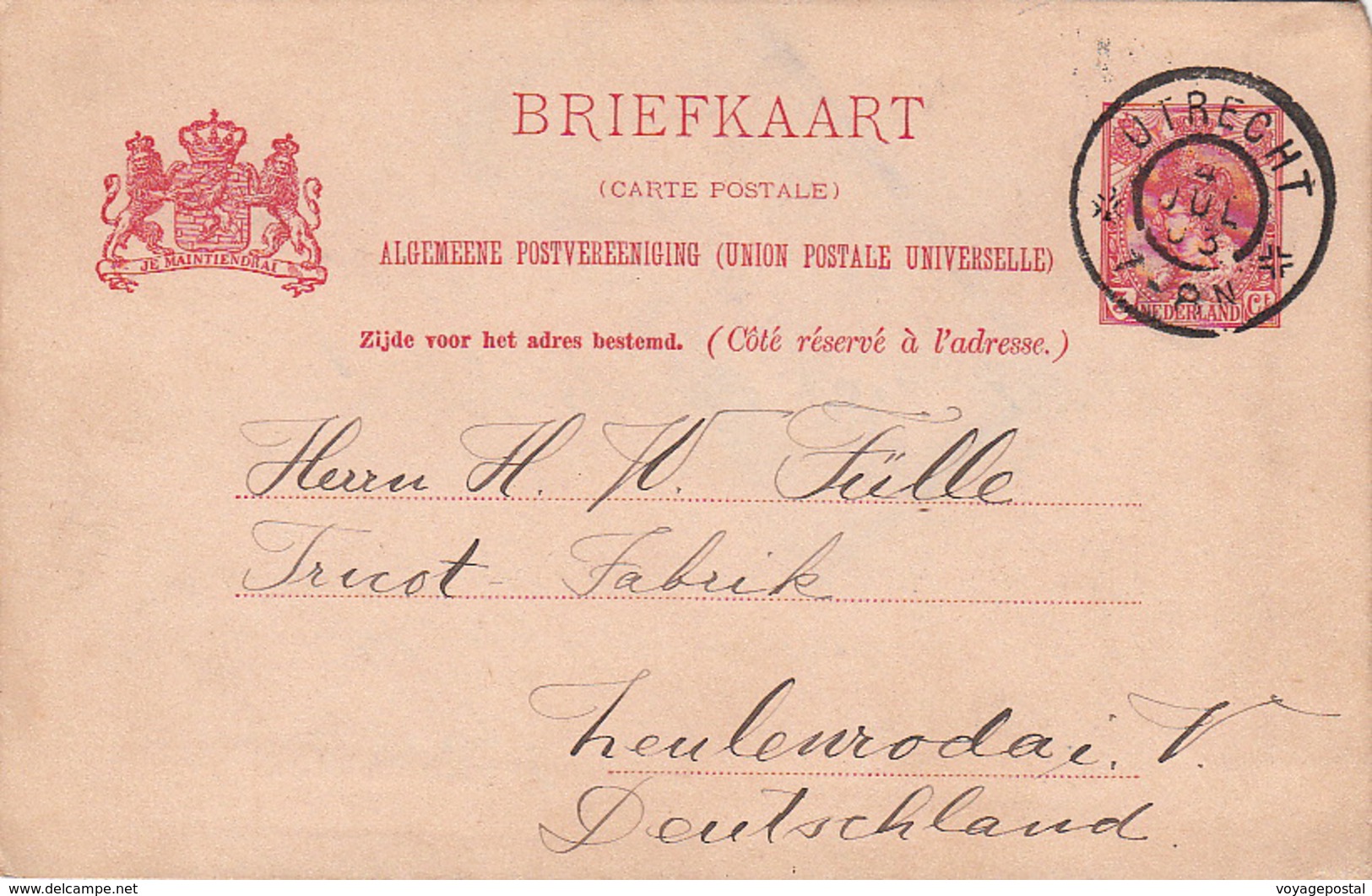 Entier Utrecht Pour L'Allemagne - Postal Stationery