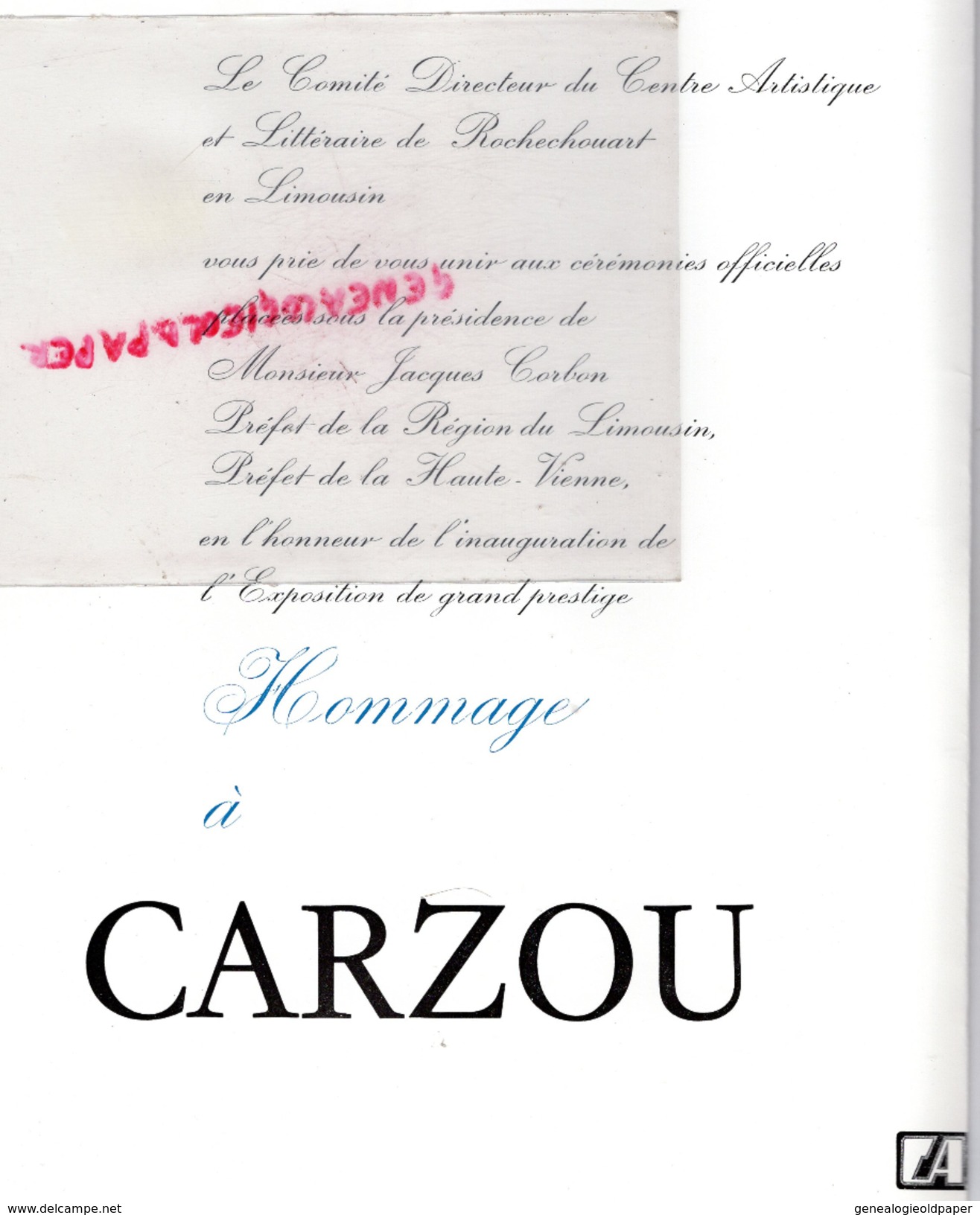 87- ROCHECHOUART - PLAQUETTE EXPOSITION CARZOU - 22 AVRIL 1978- AU CHATEAU- JACQUES CORBON PREFET- - Programme