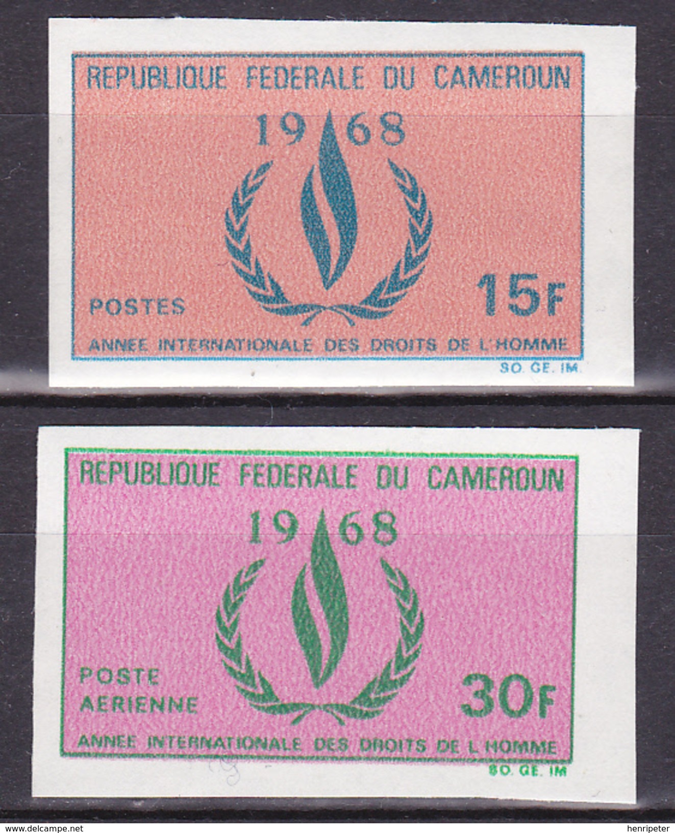 Lot De 2 Timbres Neufs** Non Dentelés - Année Internationale Des Droits De L'Homme - 467-PA 121  (Yvert) - Cameroun 1968 - Cameroun (1960-...)